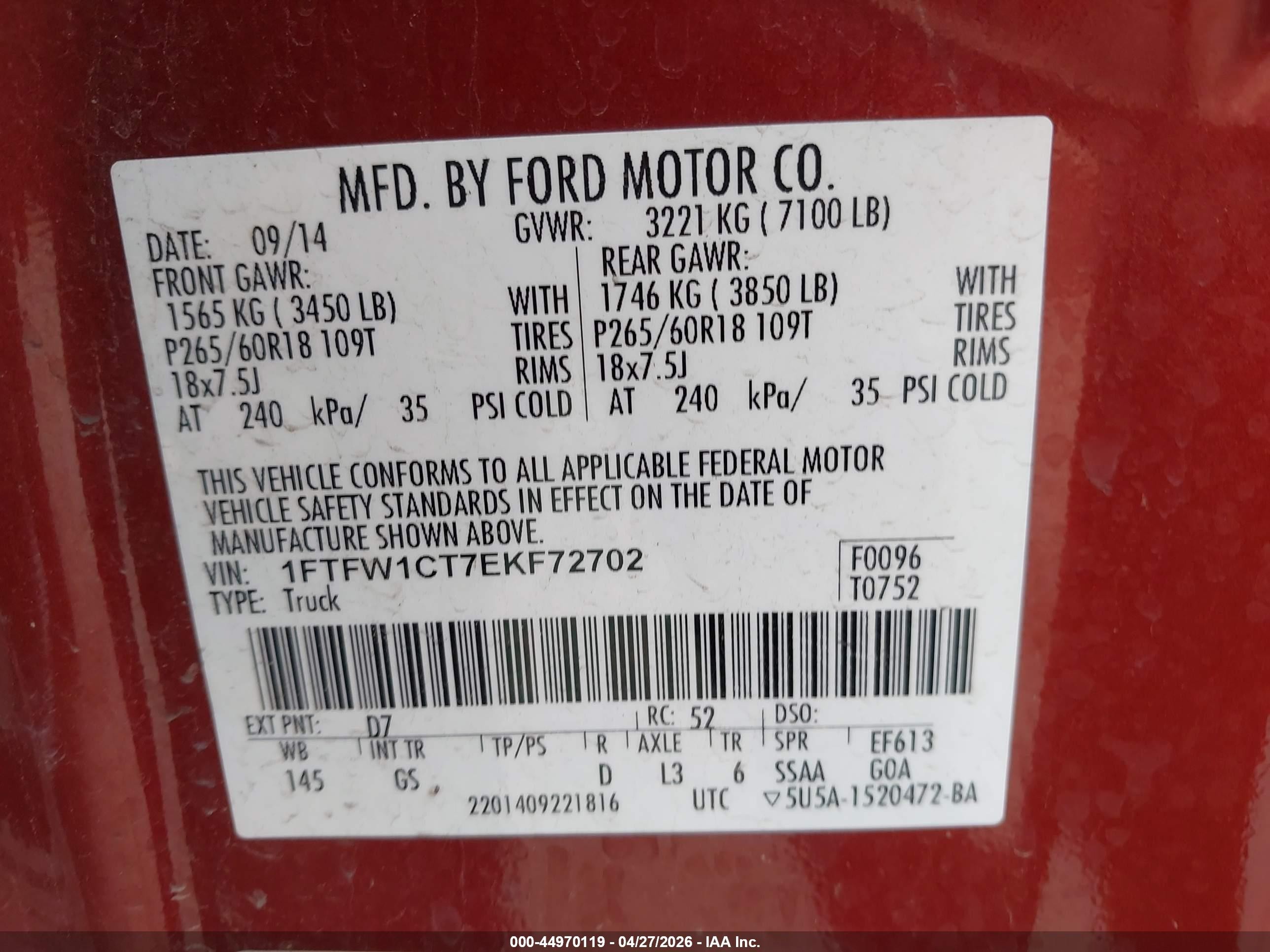 2014 Ford F-150 Xlt Orange vin: 1FTFW1CT7EKF72702