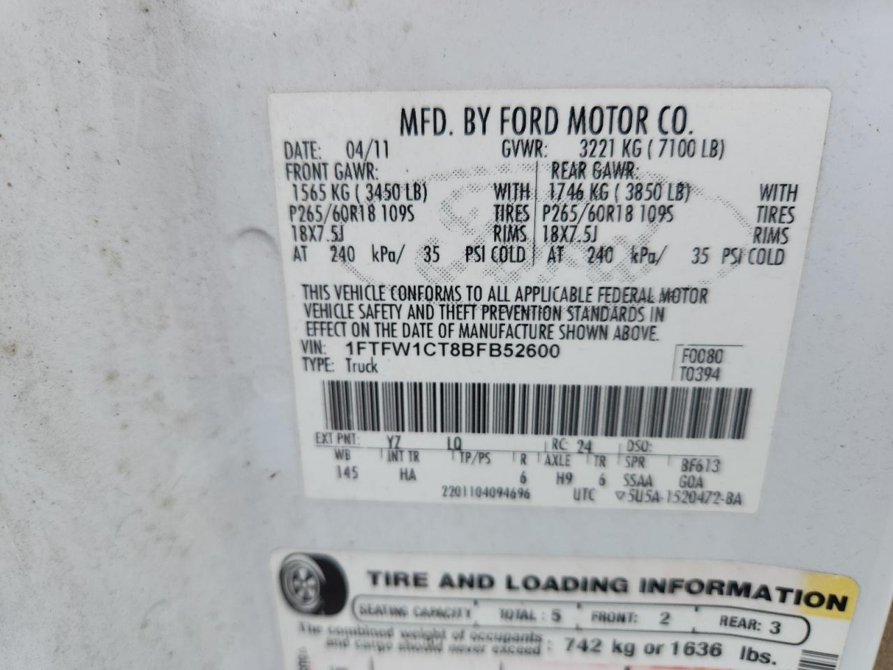 2011 Ford F150 Supercrew White vin: 1FTFW1CT8BFB52600