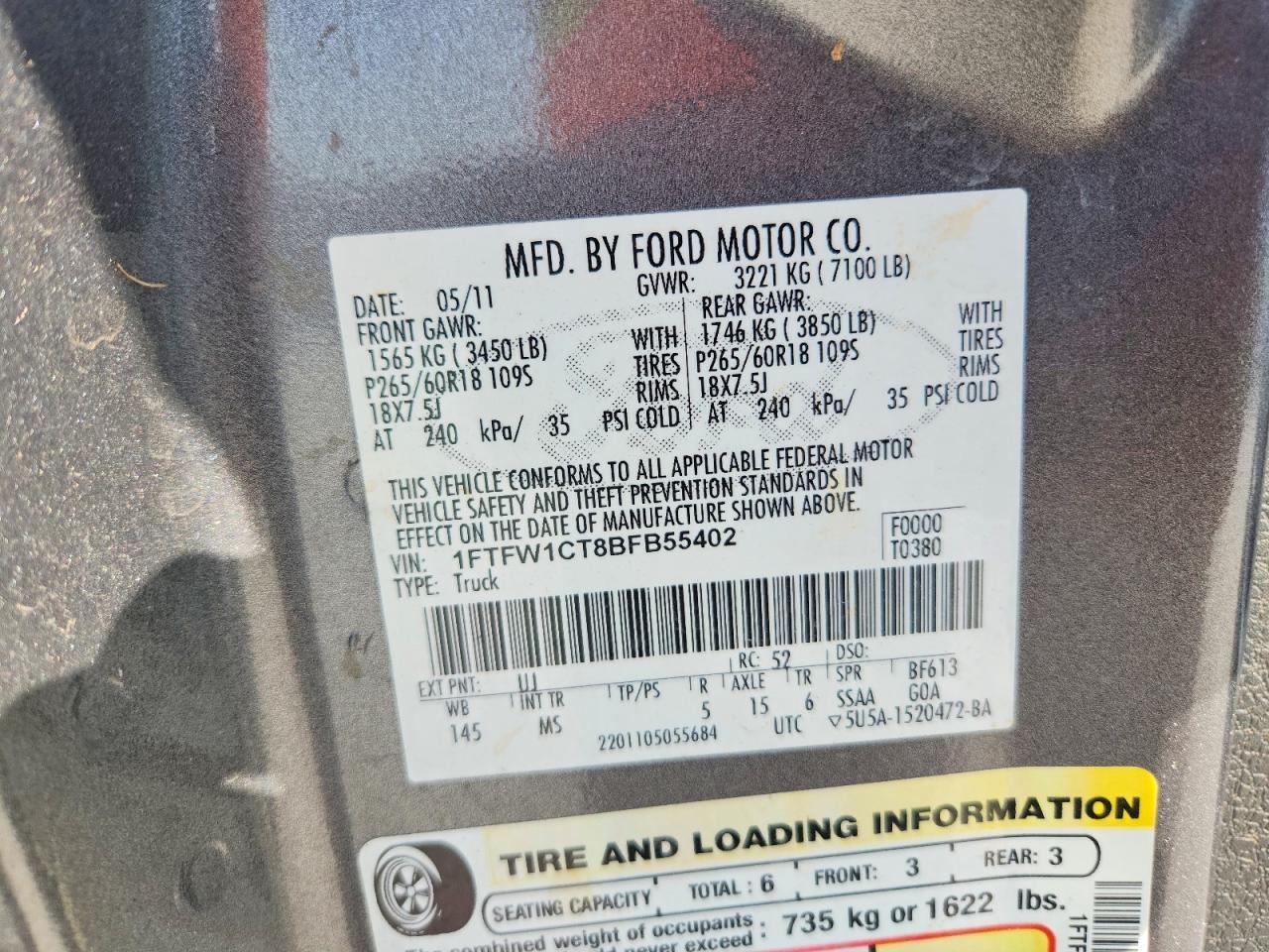2011 Ford F150 Supercrew Gray vin: 1FTFW1CT8BFB55402
