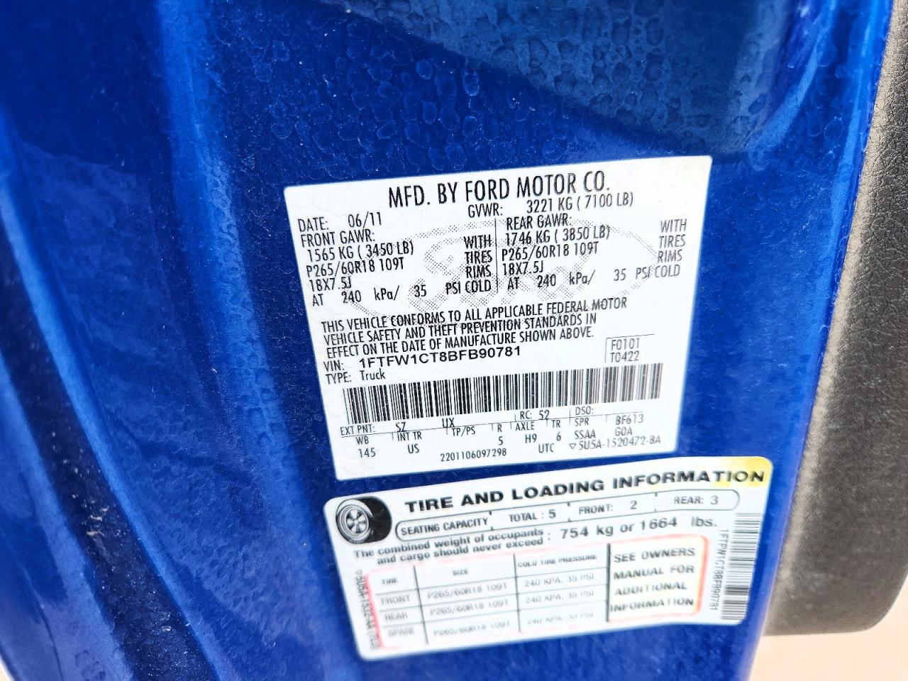 2011 Ford F150 Supercrew Blue vin: 1FTFW1CT8BFB90781