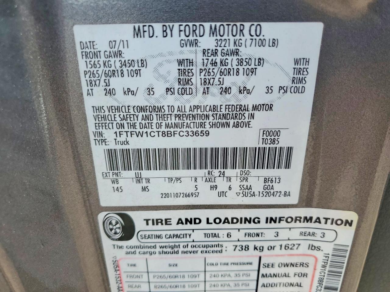 2011 Ford F150 Supercrew Gray vin: 1FTFW1CT8BFC33659
