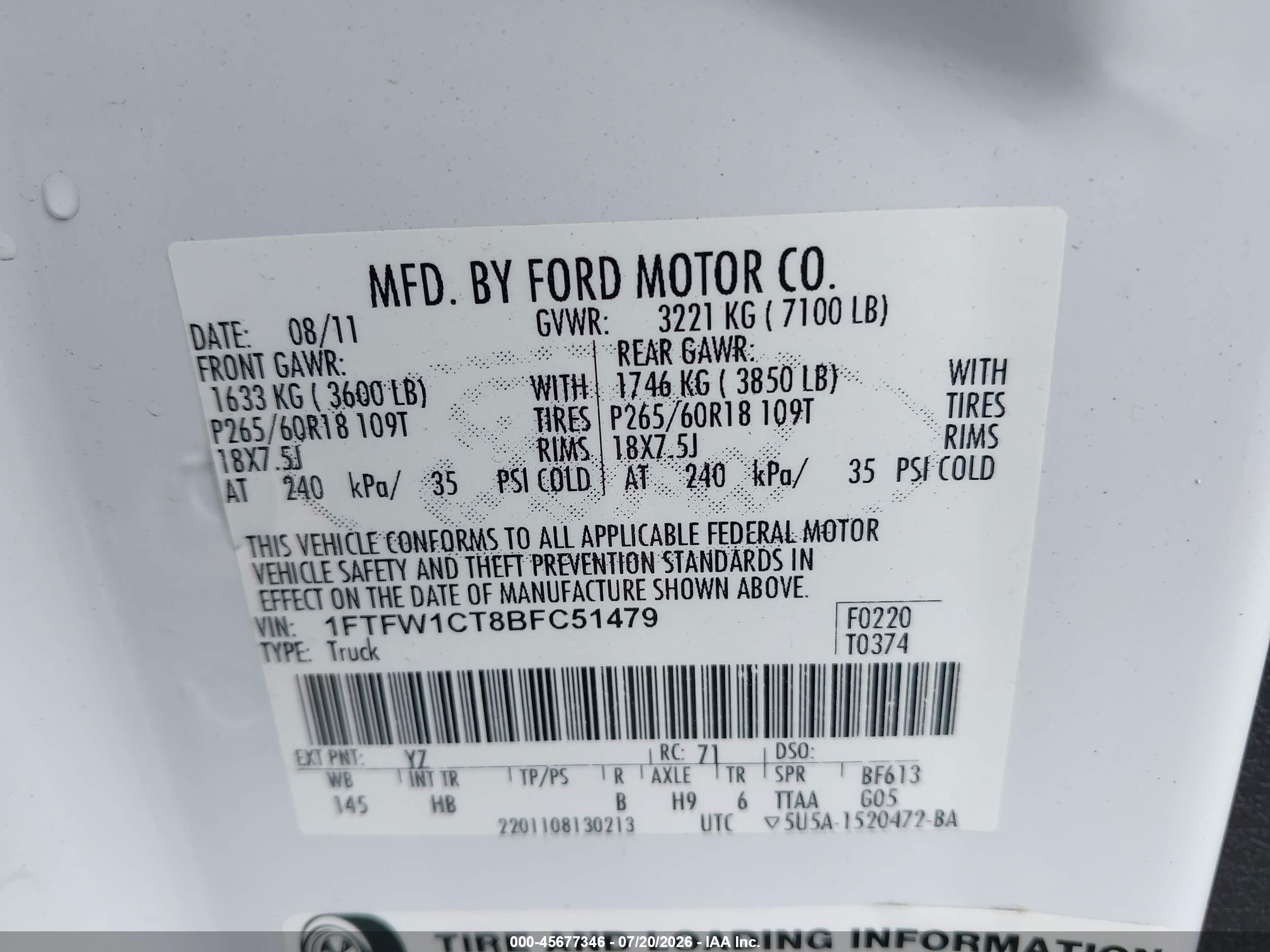 2011 Ford F-150 Lariat White vin: 1FTFW1CT8BFC51479