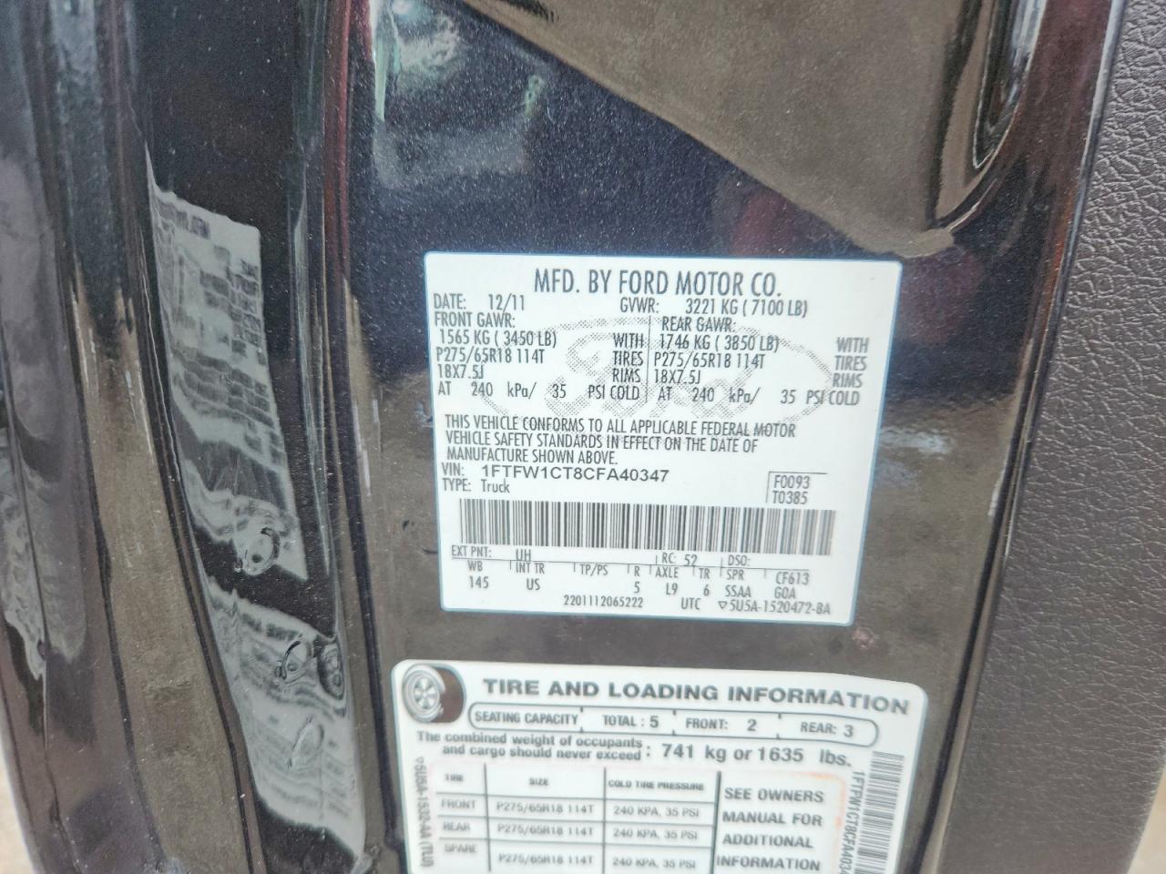 2012 Ford F150 Supercrew Black vin: 1FTFW1CT8CFA40347