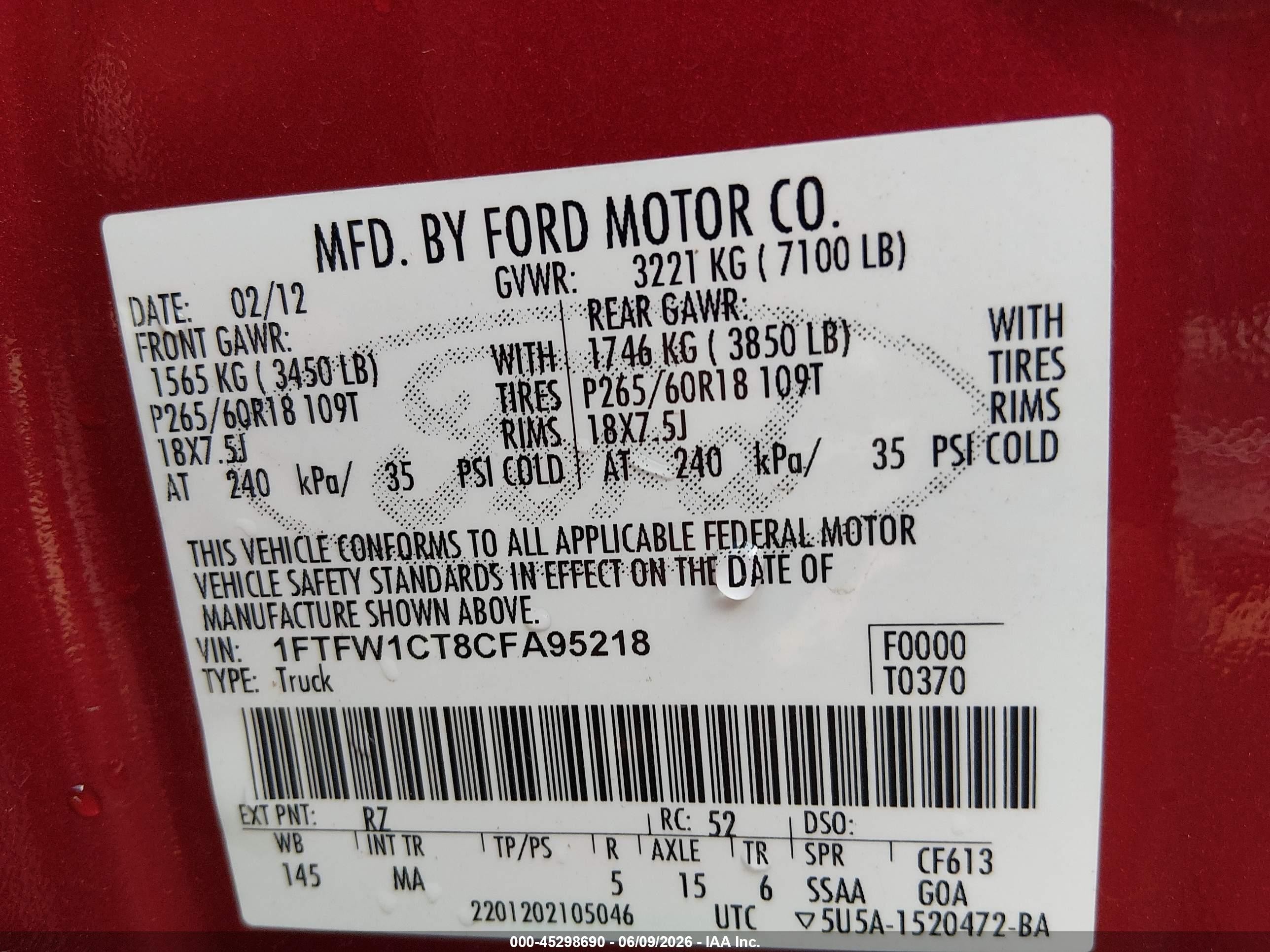 2012 Ford F-150 Xlt Red vin: 1FTFW1CT8CFA95218