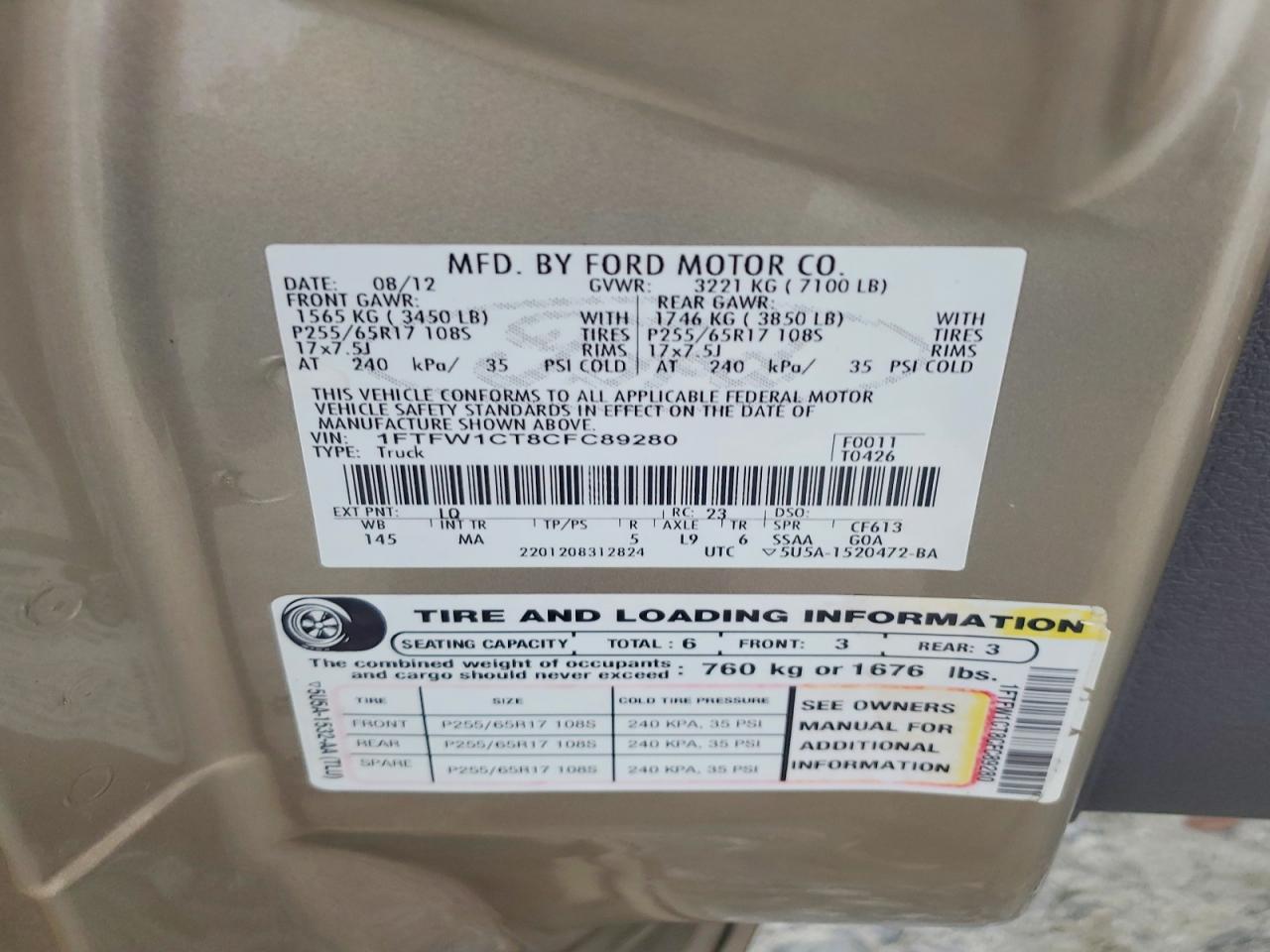 2012 Ford F150 Supercrew Gold vin: 1FTFW1CT8CFC89280