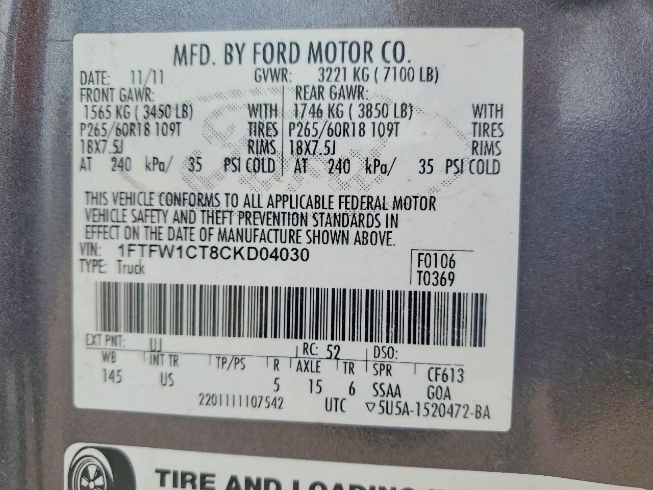 2012 Ford F150 Supercrew Gray vin: 1FTFW1CT8CKD04030