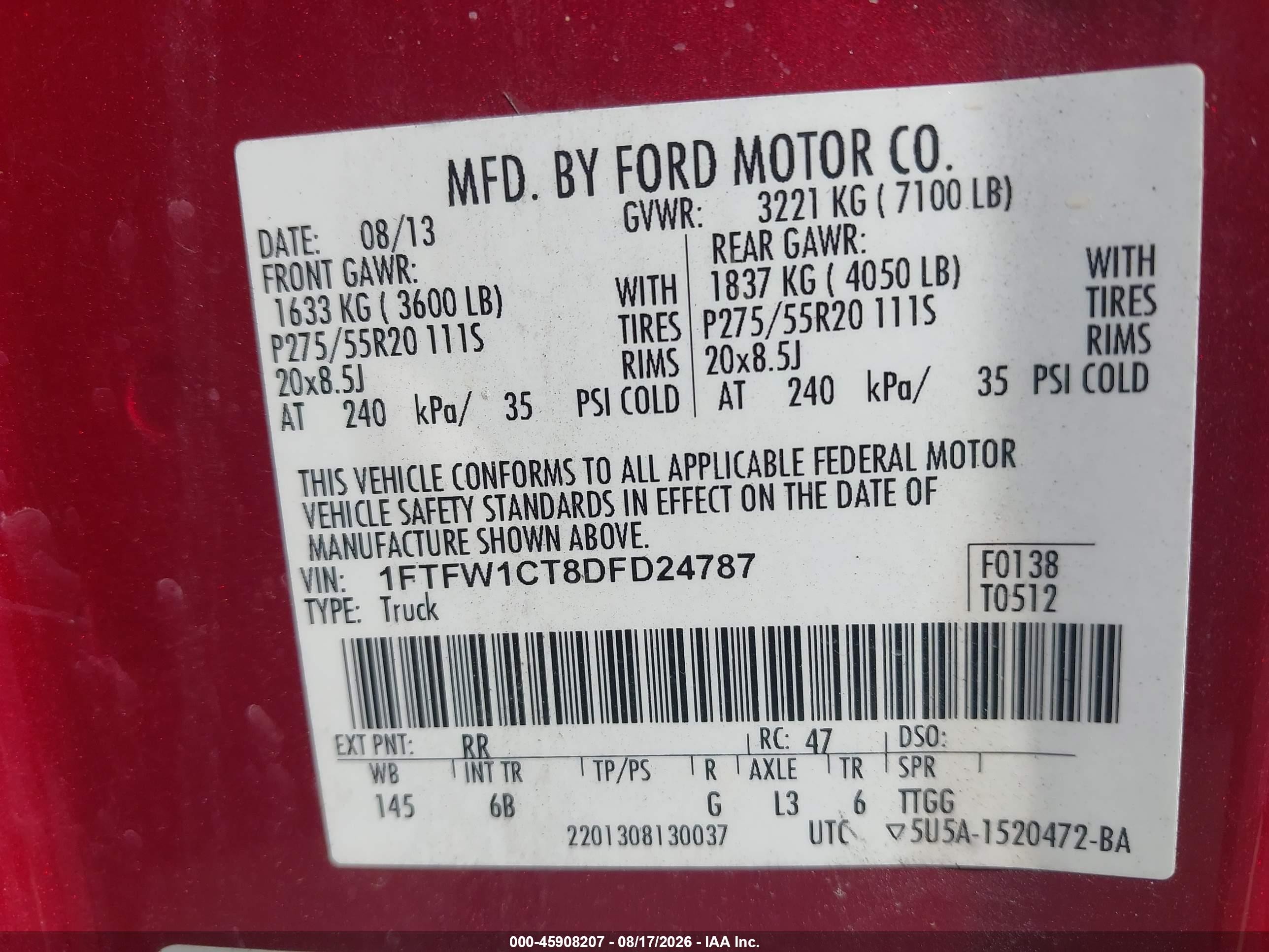 2013 Ford F-150 Fx2 Red vin: 1FTFW1CT8DFD24787