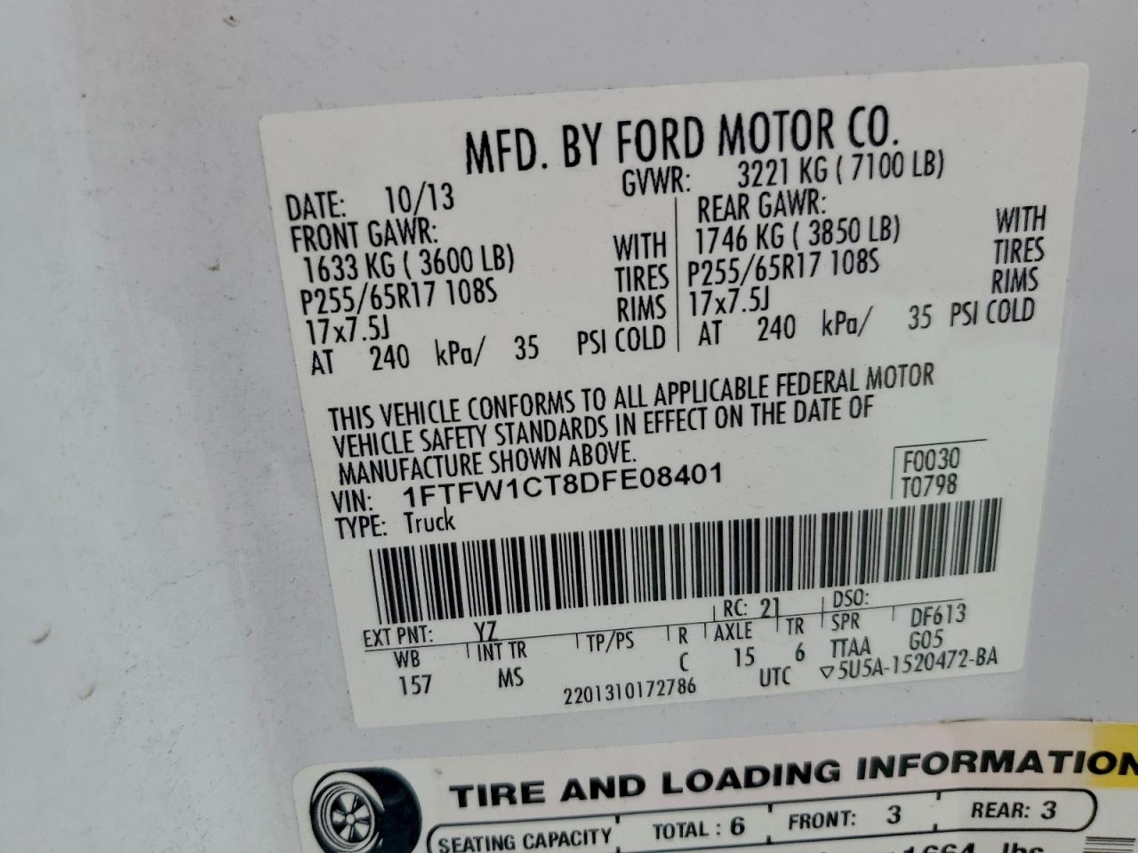 2013 Ford F150 Supercrew White vin: 1FTFW1CT8DFE08401