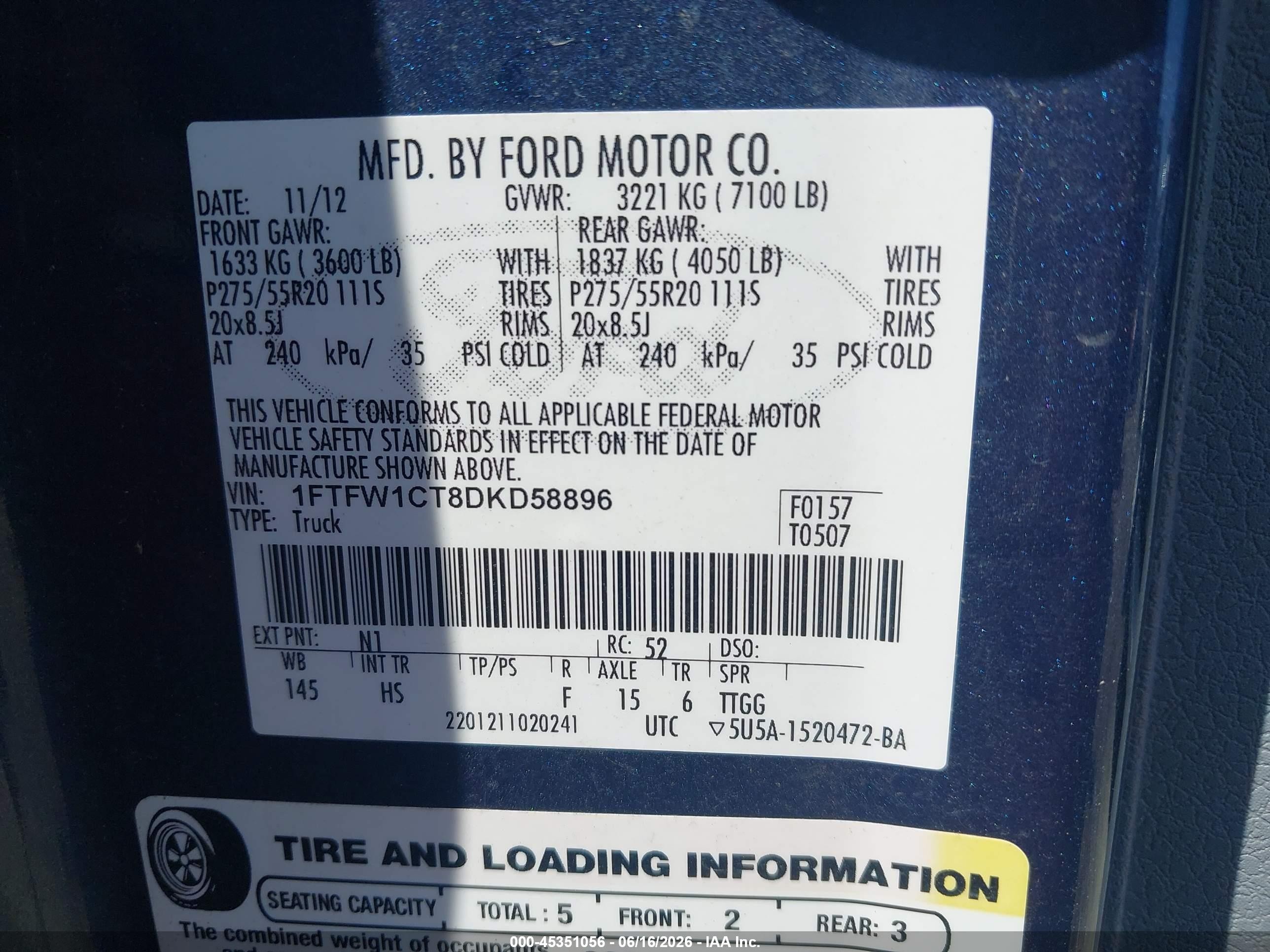 2013 Ford F-150 Lariat Синий vin: 1FTFW1CT8DKD58896