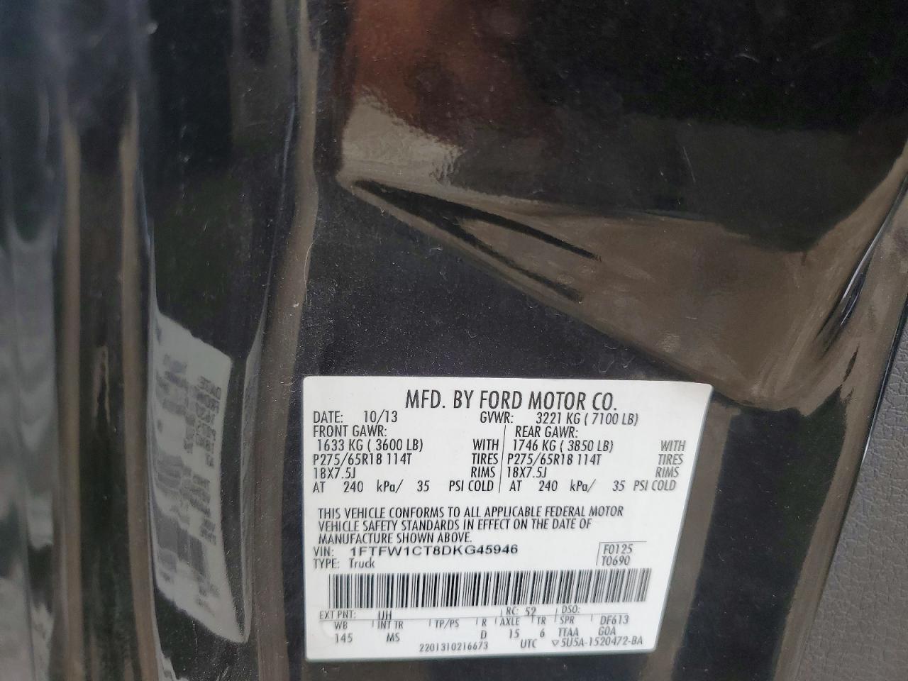 2013 Ford F150 Supercrew Black vin: 1FTFW1CT8DKG45946