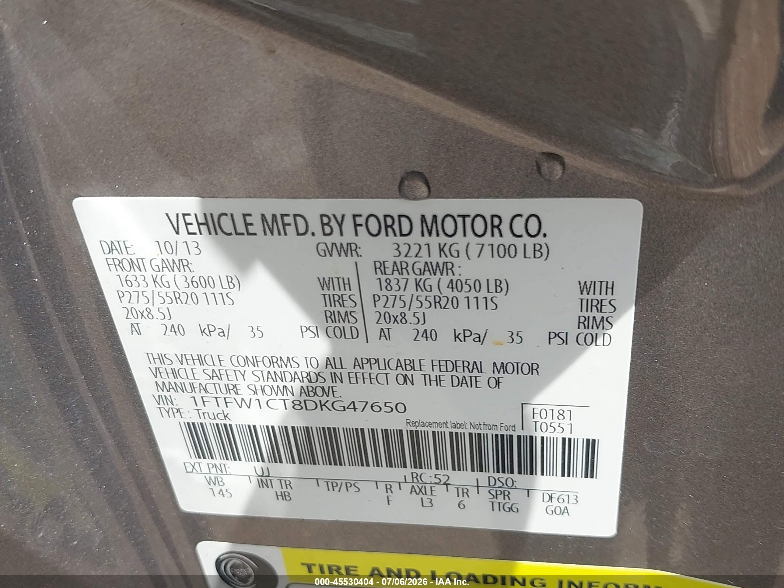 2013 Ford F-150 Fx2/king Ranch/lariat/limited/platinum/xl/xlt Gray vin: 1FTFW1CT8DKG47650