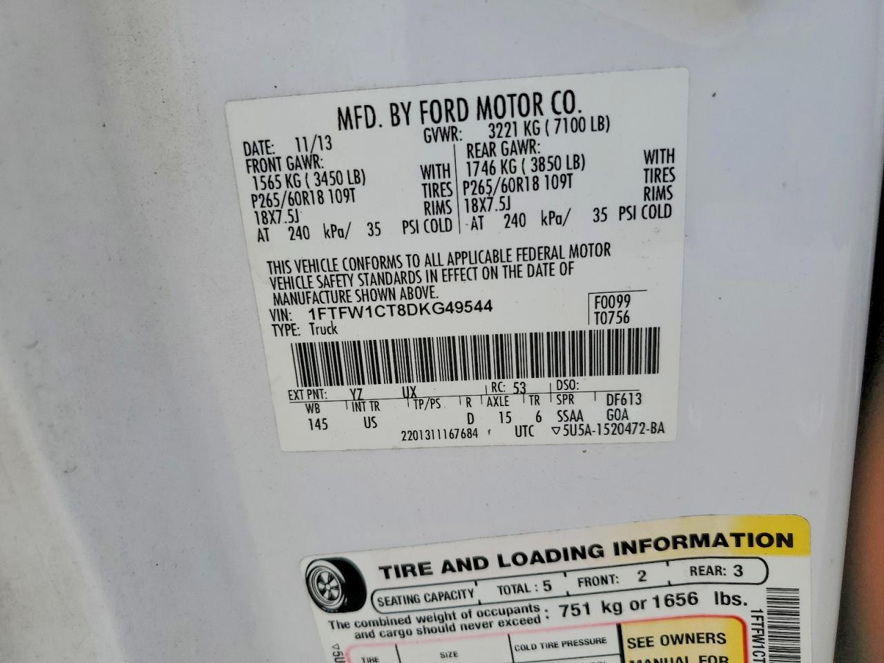 2013 Ford F150 Supercrew White vin: 1FTFW1CT8DKG49544