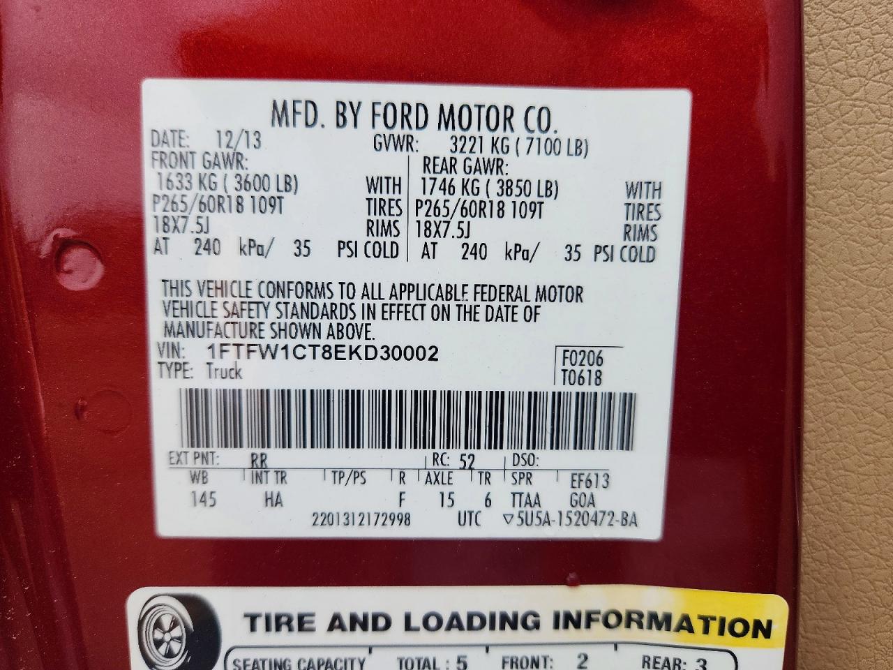 2014 Ford F150 Supercrew Red vin: 1FTFW1CT8EKD30002