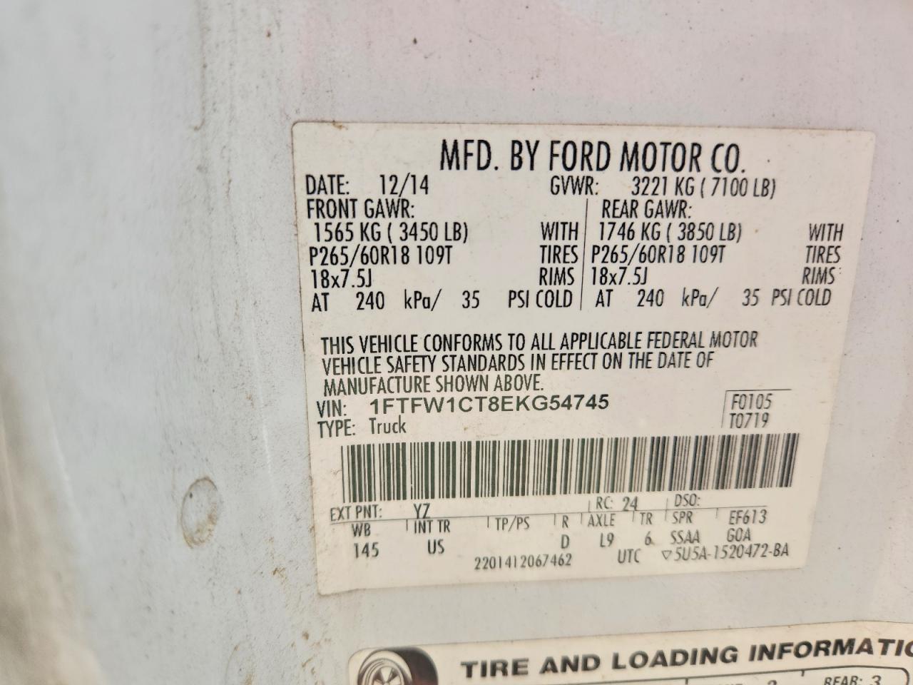 2014 Ford F150 White vin: 1FTFW1CT8EKG54745