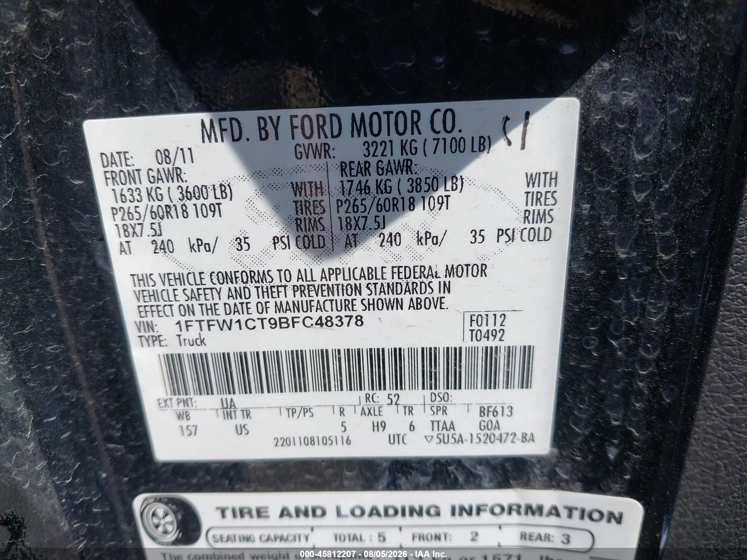 2011 Ford F-150 Xlt Black vin: 1FTFW1CT9BFC48378