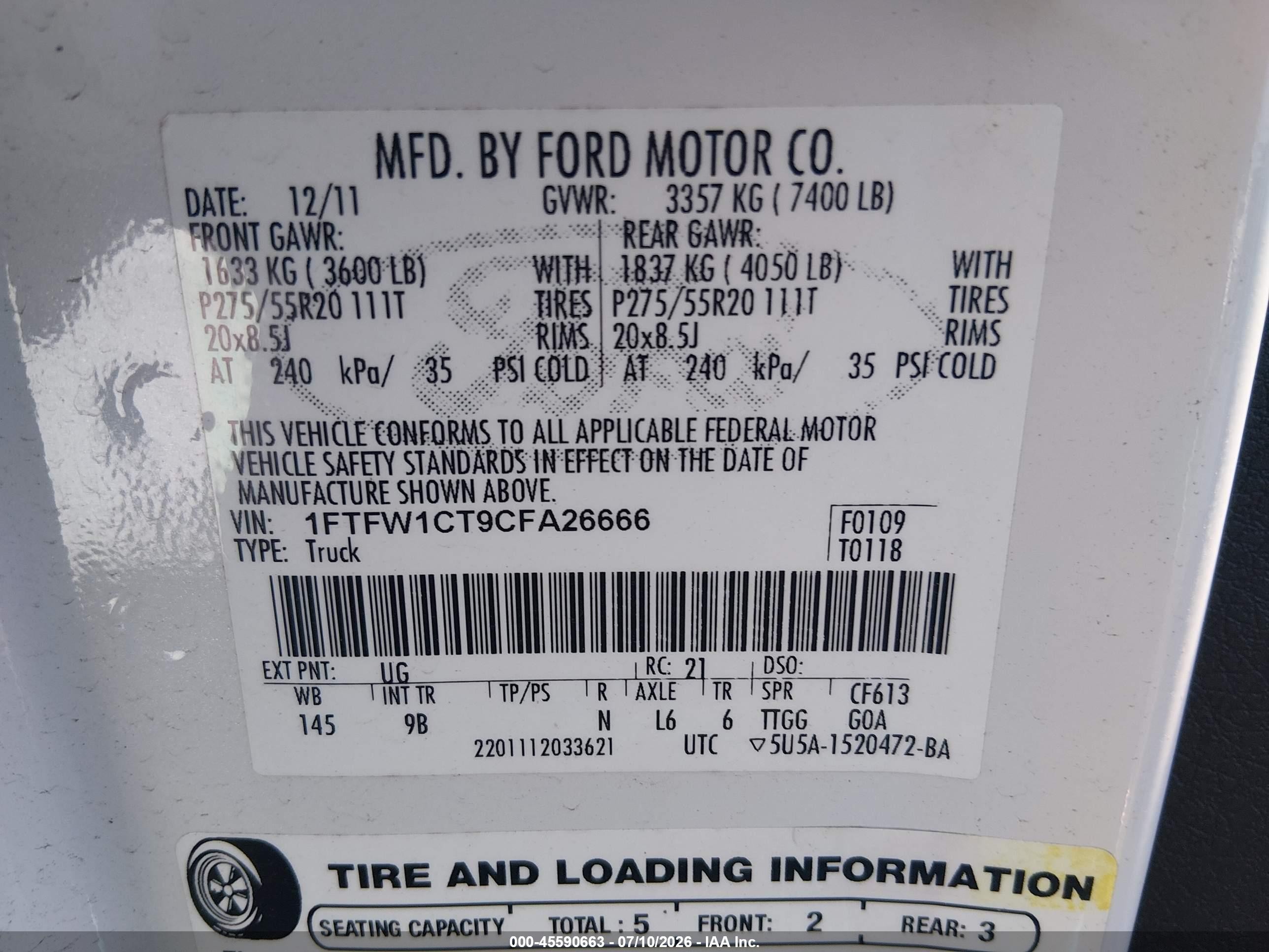 2012 Ford F-150 Fx2/king Ranch/lariat/platinum/xl/xlt Белый vin: 1FTFW1CT9CFA26666