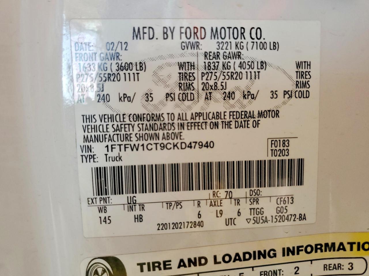 2012 Ford F150 Supercrew White vin: 1FTFW1CT9CKD47940