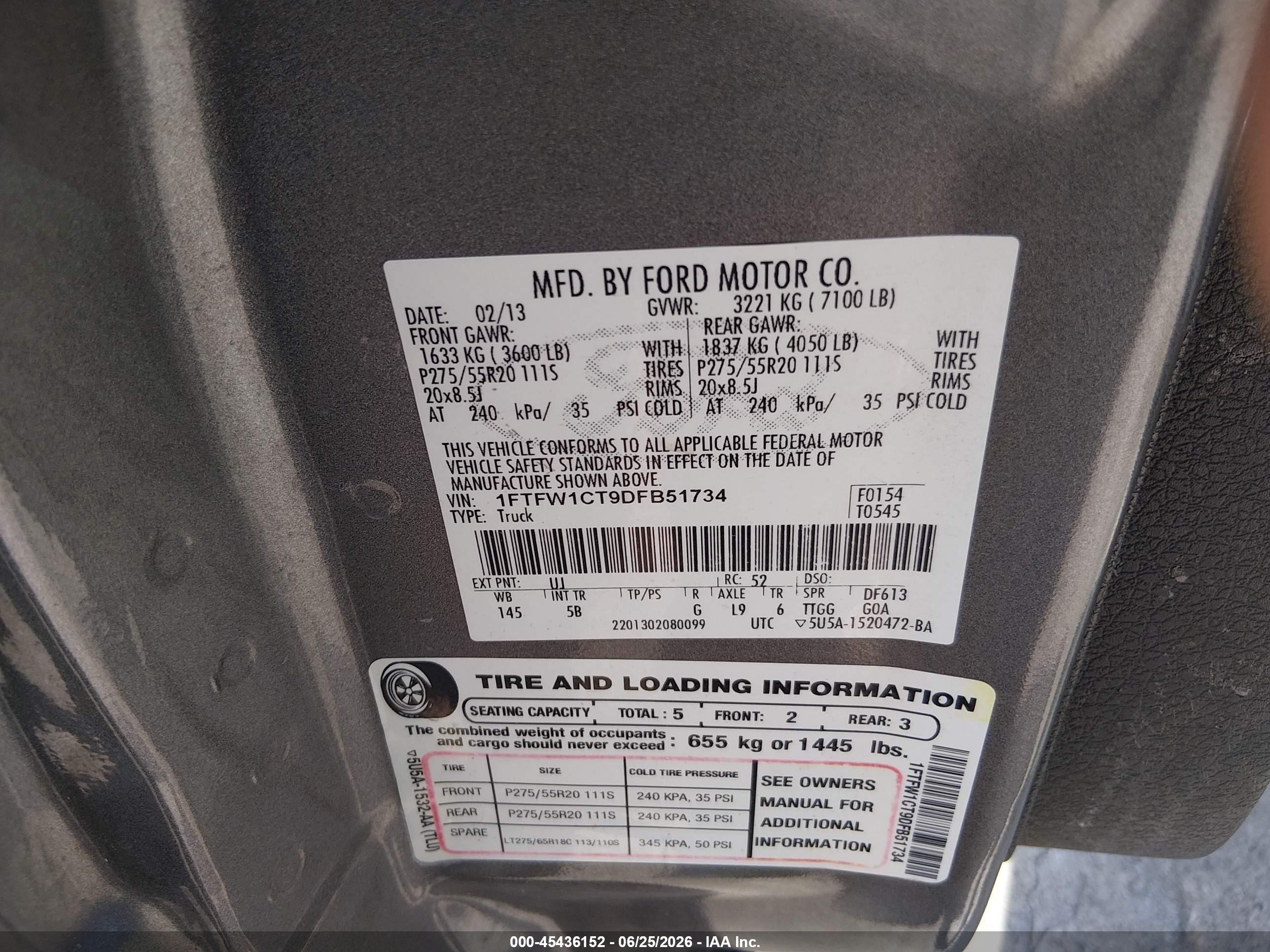 2013 Ford F-150 Fx2/king Ranch/lariat/limited/platinum/xl/xlt Gray vin: 1FTFW1CT9DFB51734
