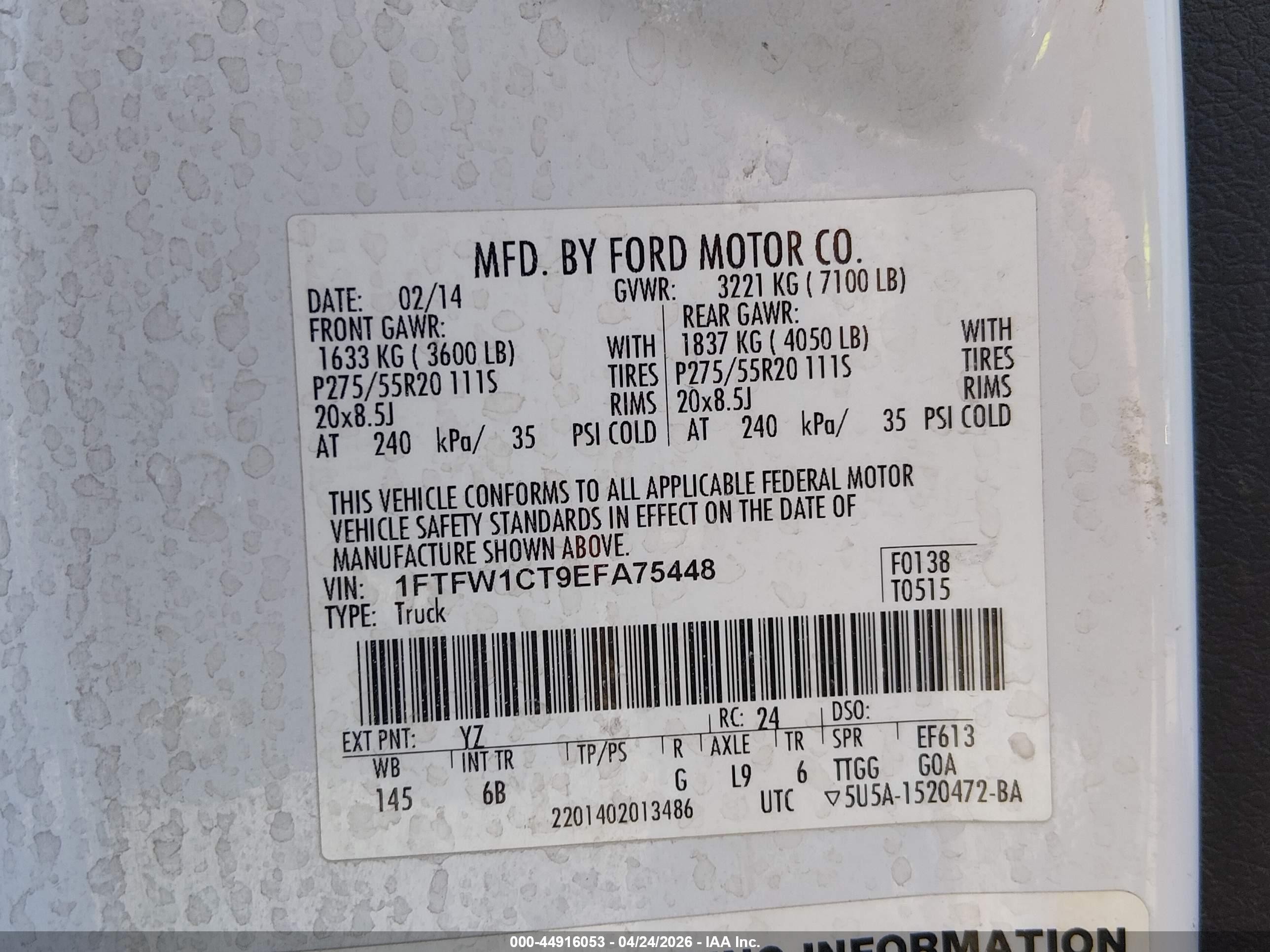 2014 Ford F-150 Fx2 White vin: 1FTFW1CT9EFA75448