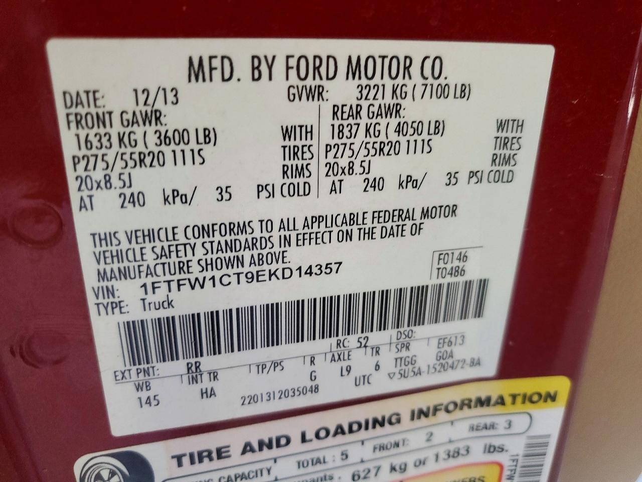 2014 Ford F150 Supercrew Red vin: 1FTFW1CT9EKD14357