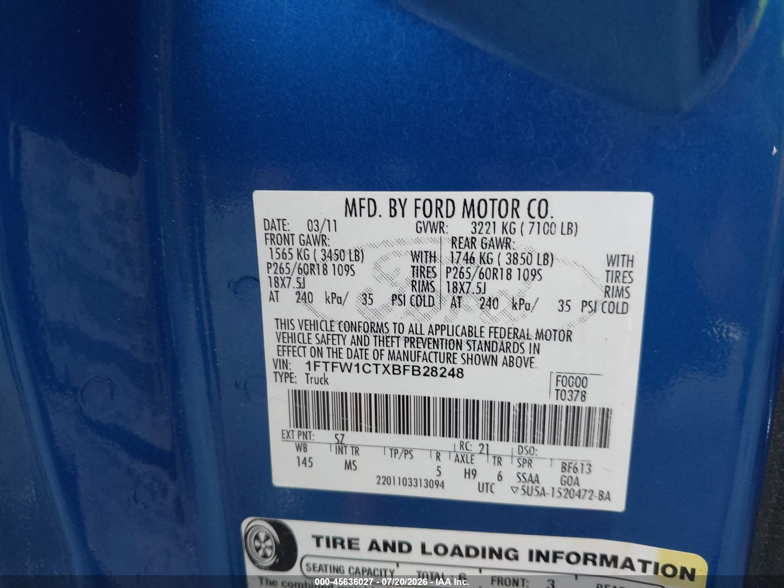 2011 Ford F-150 Xlt Blue vin: 1FTFW1CTXBFB28248