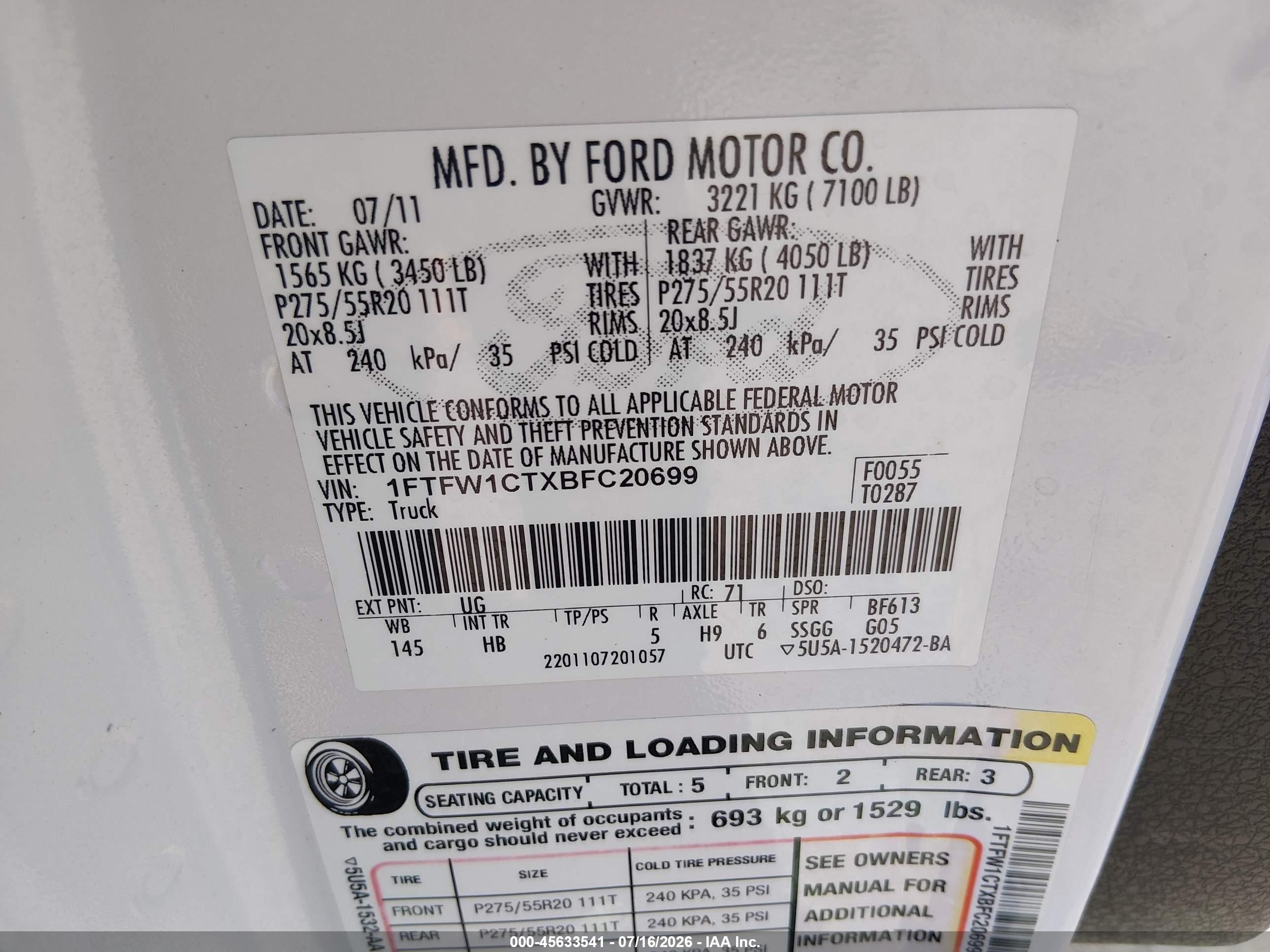 2011 Ford F-150 Lariat White vin: 1FTFW1CTXBFC20699