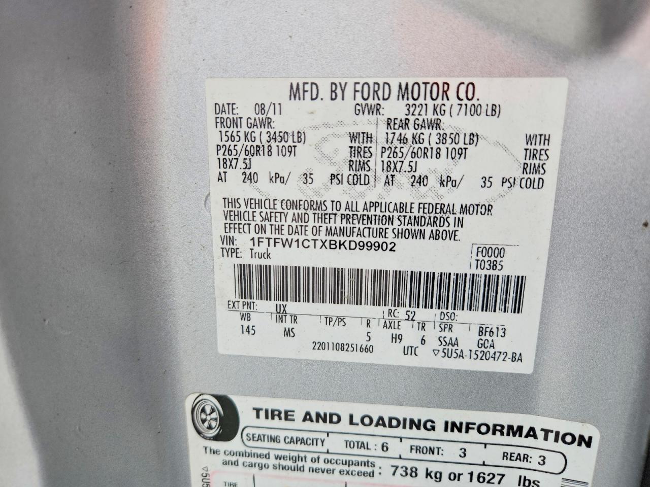 2011 Ford F150 Supercrew Silver vin: 1FTFW1CTXBKD99902