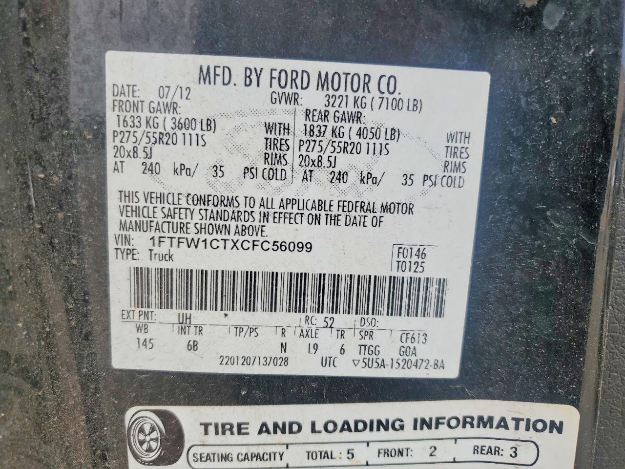 2012 Ford F150 Supercrew Black vin: 1FTFW1CTXCFC56099