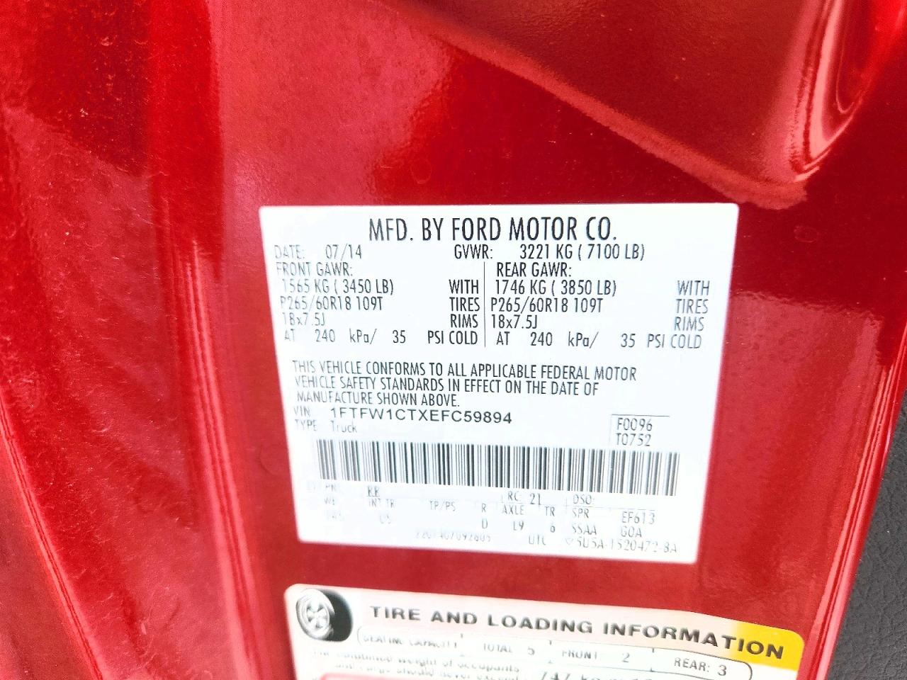 2014 Ford F150 Supercrew Red vin: 1FTFW1CTXEFC59894