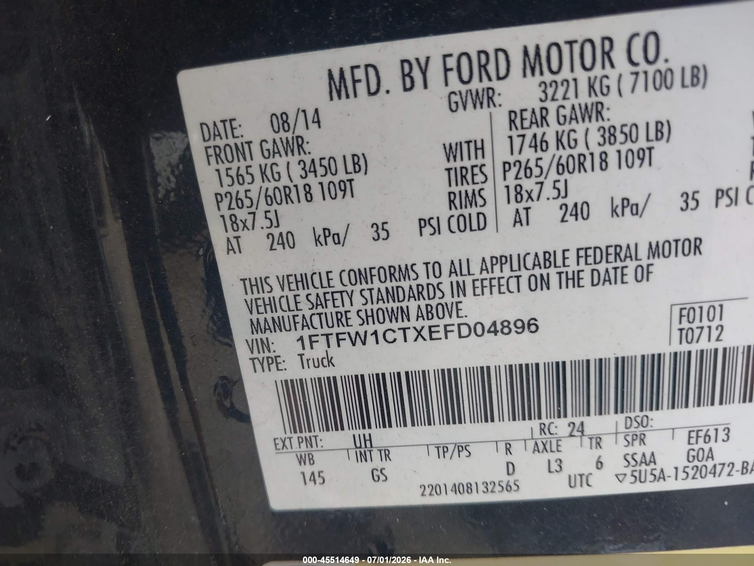 2014 Ford F-150 Fx2/king Ranch/lariat/limited/platinum/xl/xlt Black vin: 1FTFW1CTXEFD04896
