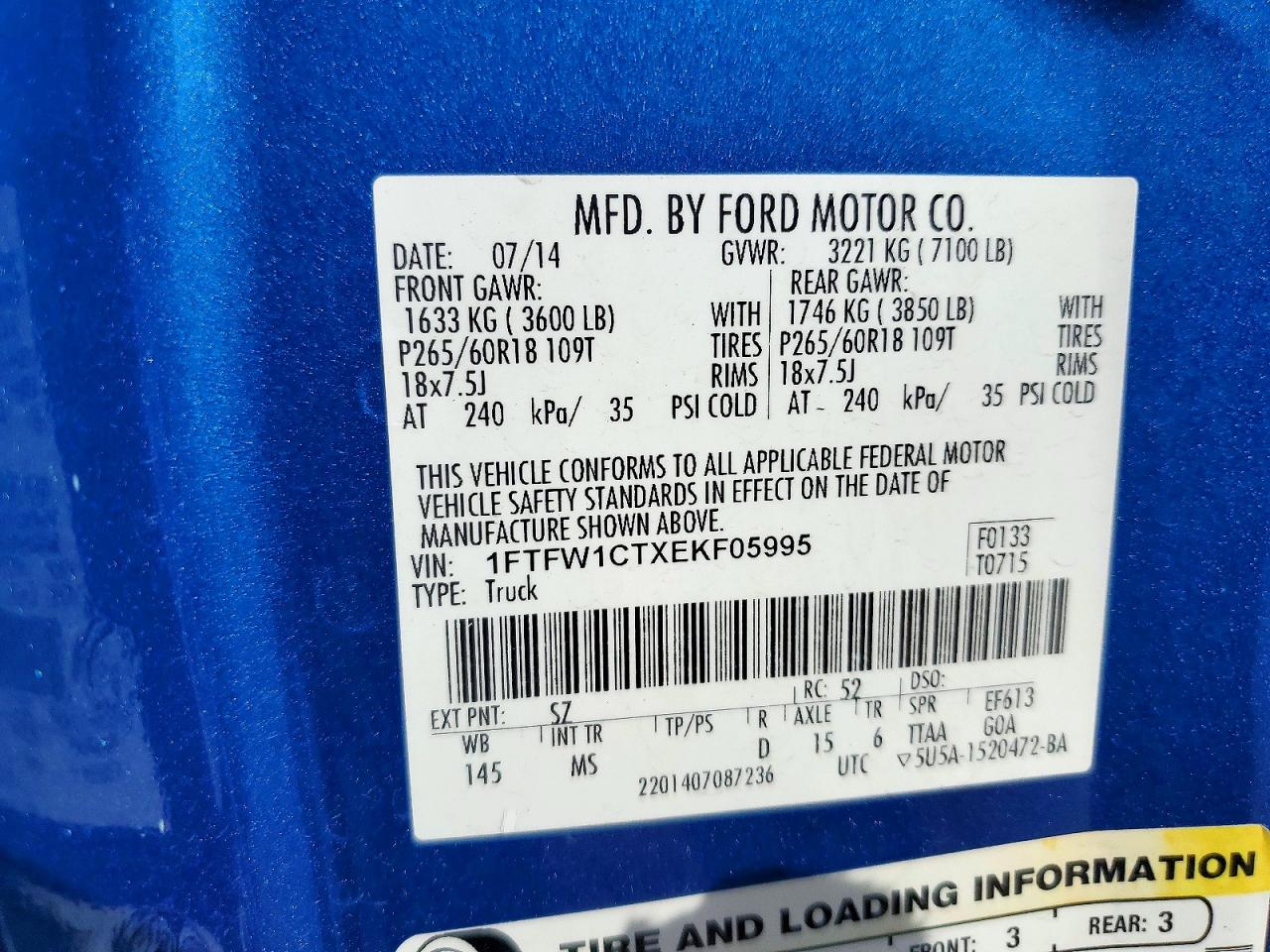 2014 Ford F150 Supercrew Blue vin: 1FTFW1CTXEKF05995