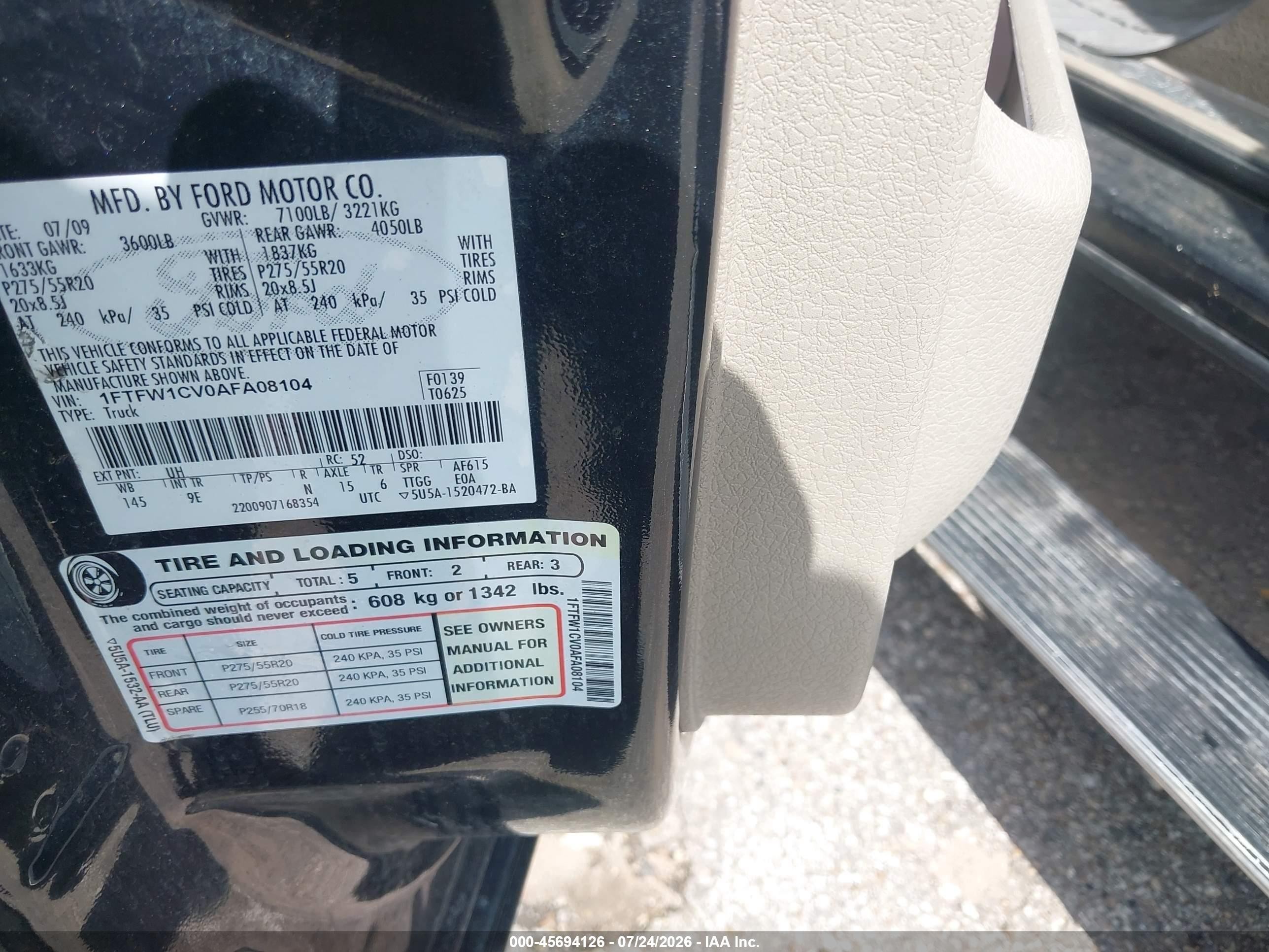 2010 Ford F-150 Fx2 Sport/harley-davidson/king Ranch/lariat/platinum/xl/xlt Черный vin: 1FTFW1CV0AFA08104