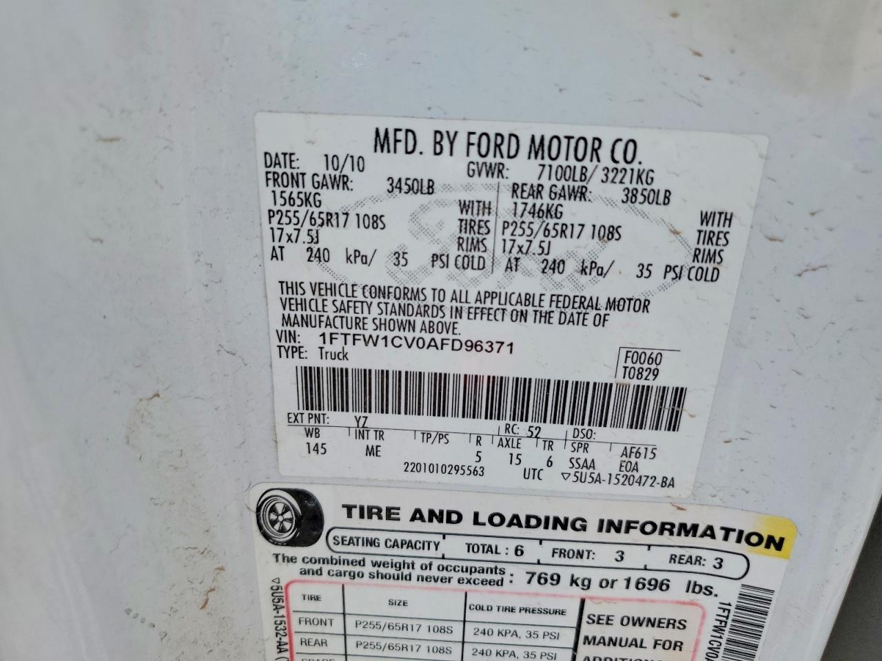 2010 Ford F150 Supercrew White vin: 1FTFW1CV0AFD96371
