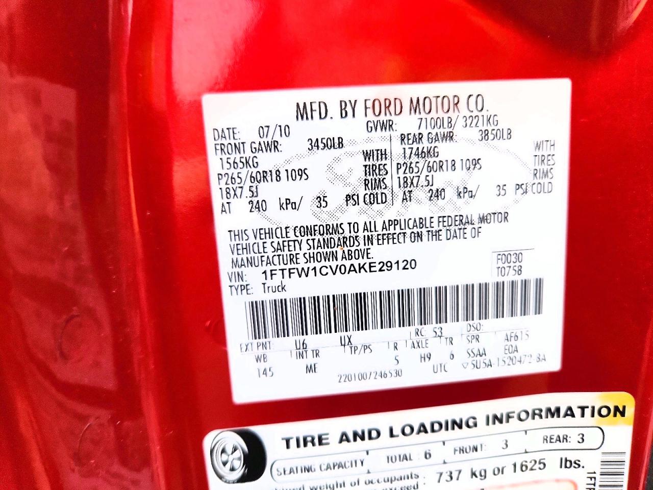 2010 Ford F150 Supercrew Red vin: 1FTFW1CV0AKE29120