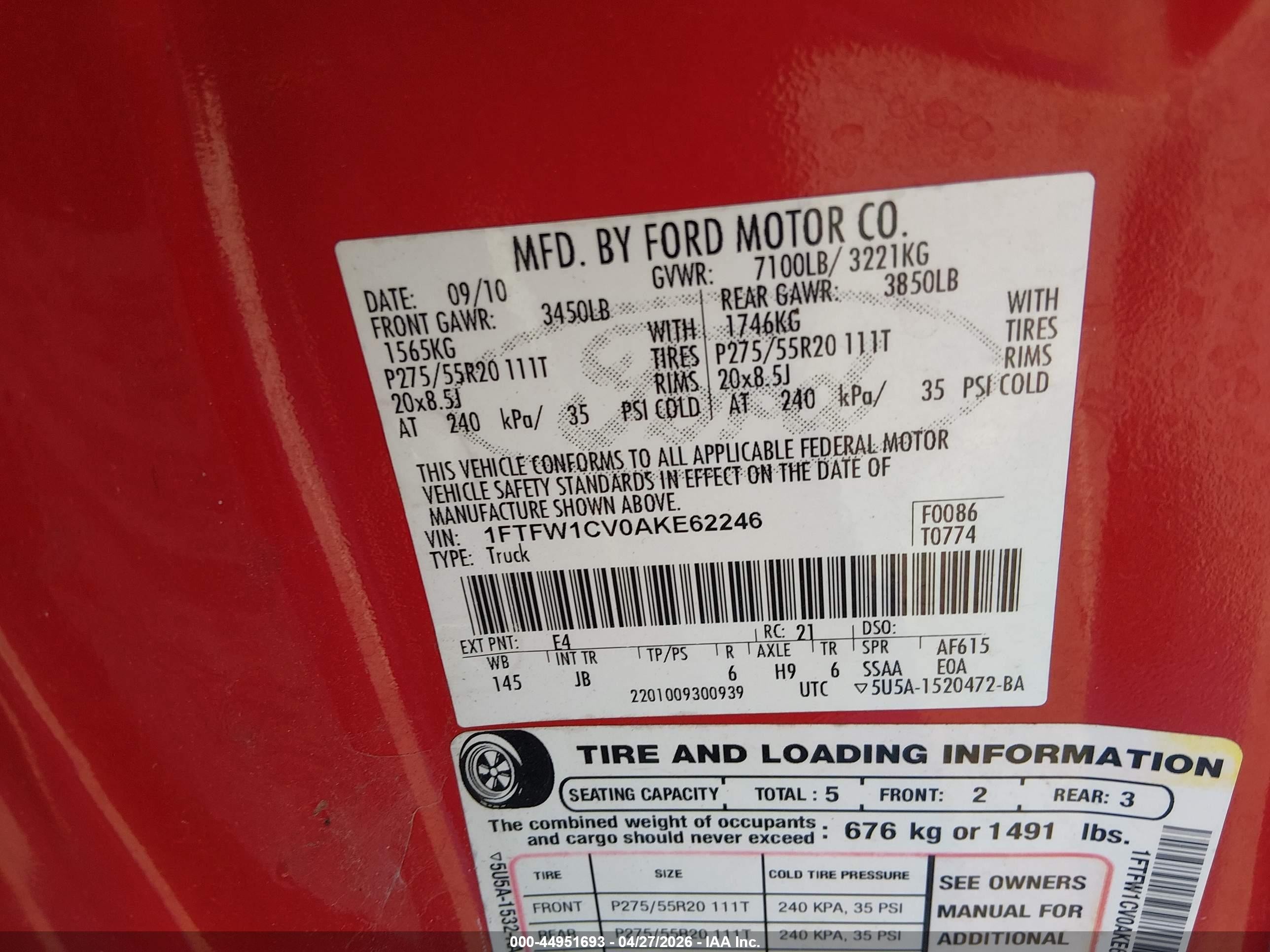 2010 Ford F-150 Fx2 Sport Red vin: 1FTFW1CV0AKE62246