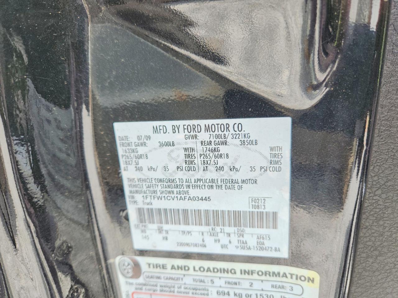 2010 Ford F150 Supercrew Black vin: 1FTFW1CV1AFA03445