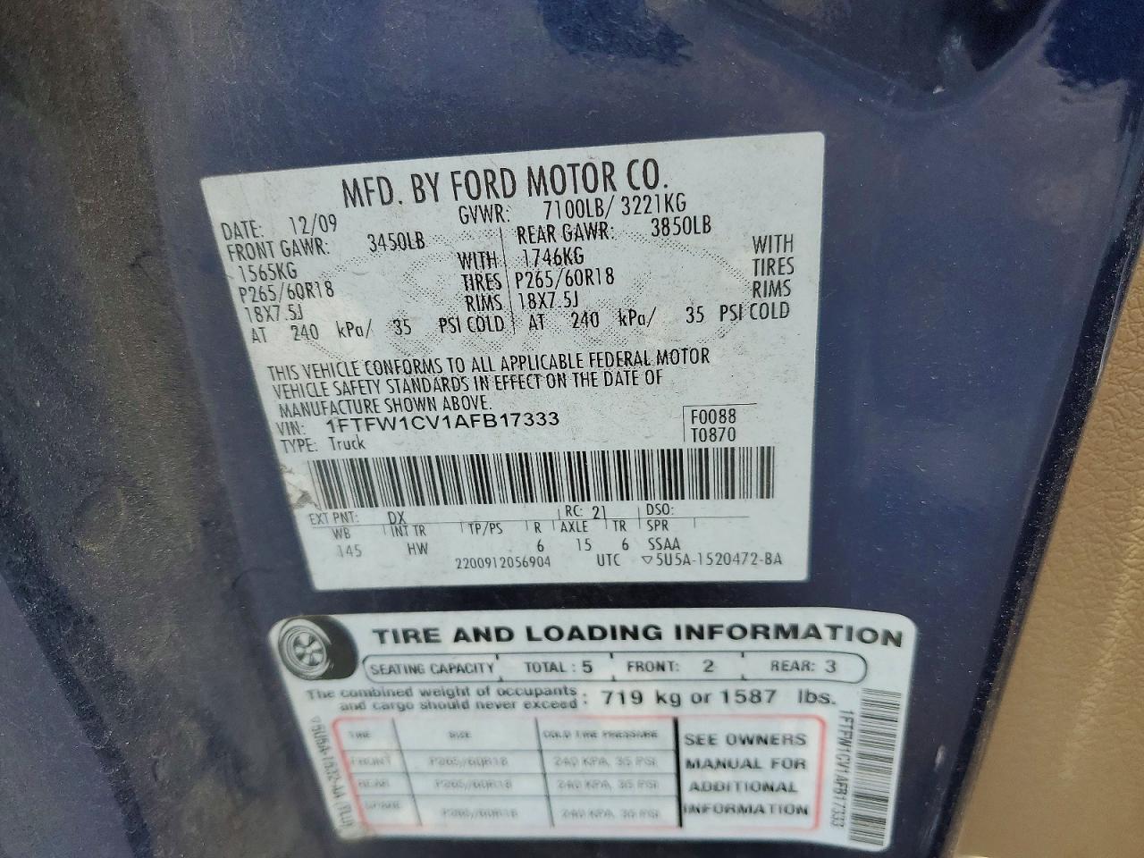 2010 Ford F150 Supercrew Blue vin: 1FTFW1CV1AFB17333
