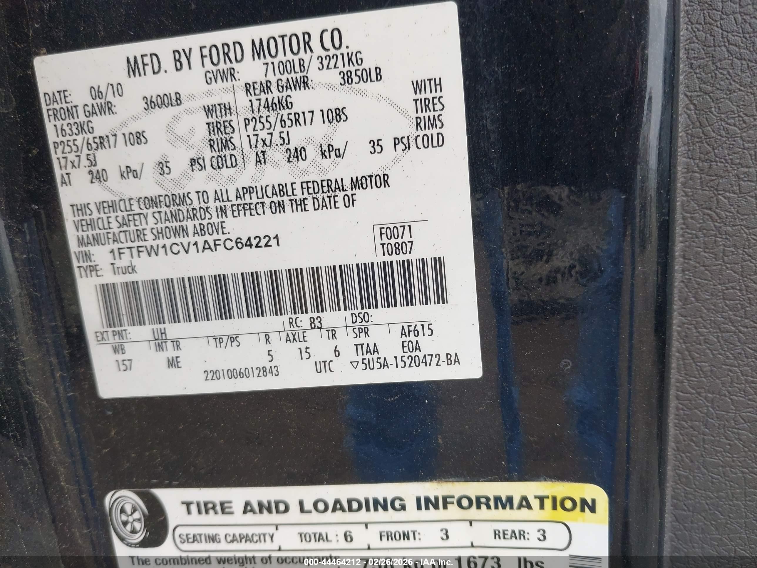 2010 Ford F-150 Fx2 Sport/harley-davidson/king Ranch/lariat/platinum/xl/xlt Black vin: 1FTFW1CV1AFC64221