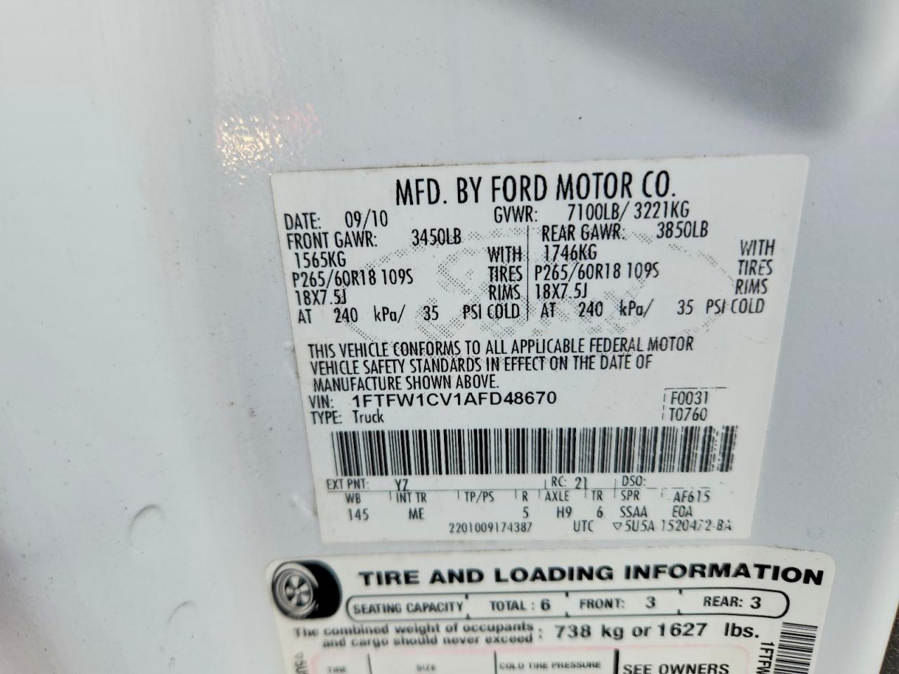 2010 Ford F150 Supercrew White vin: 1FTFW1CV1AFD48670
