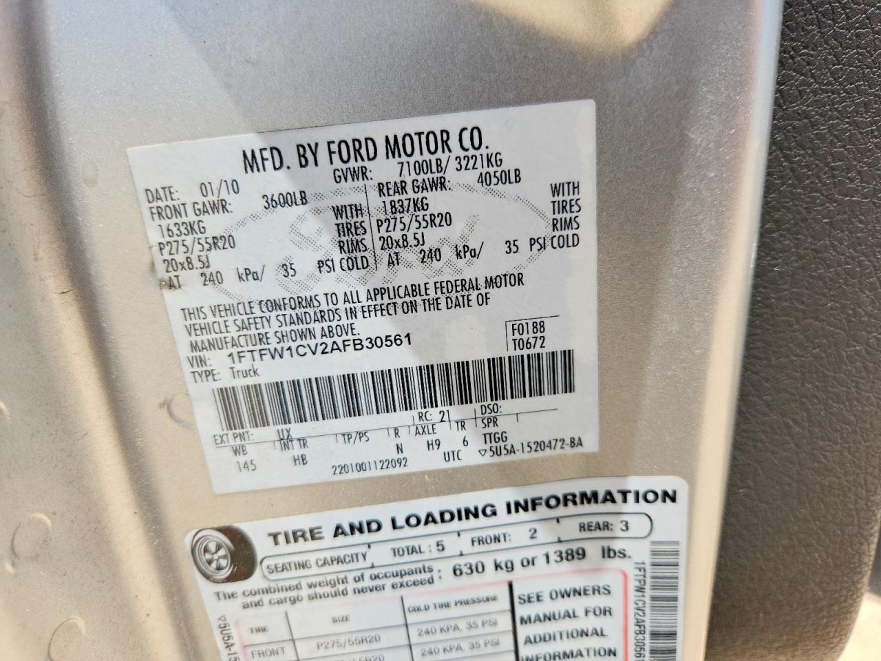 2010 Ford F150 Supercrew Silver vin: 1FTFW1CV2AFB30561