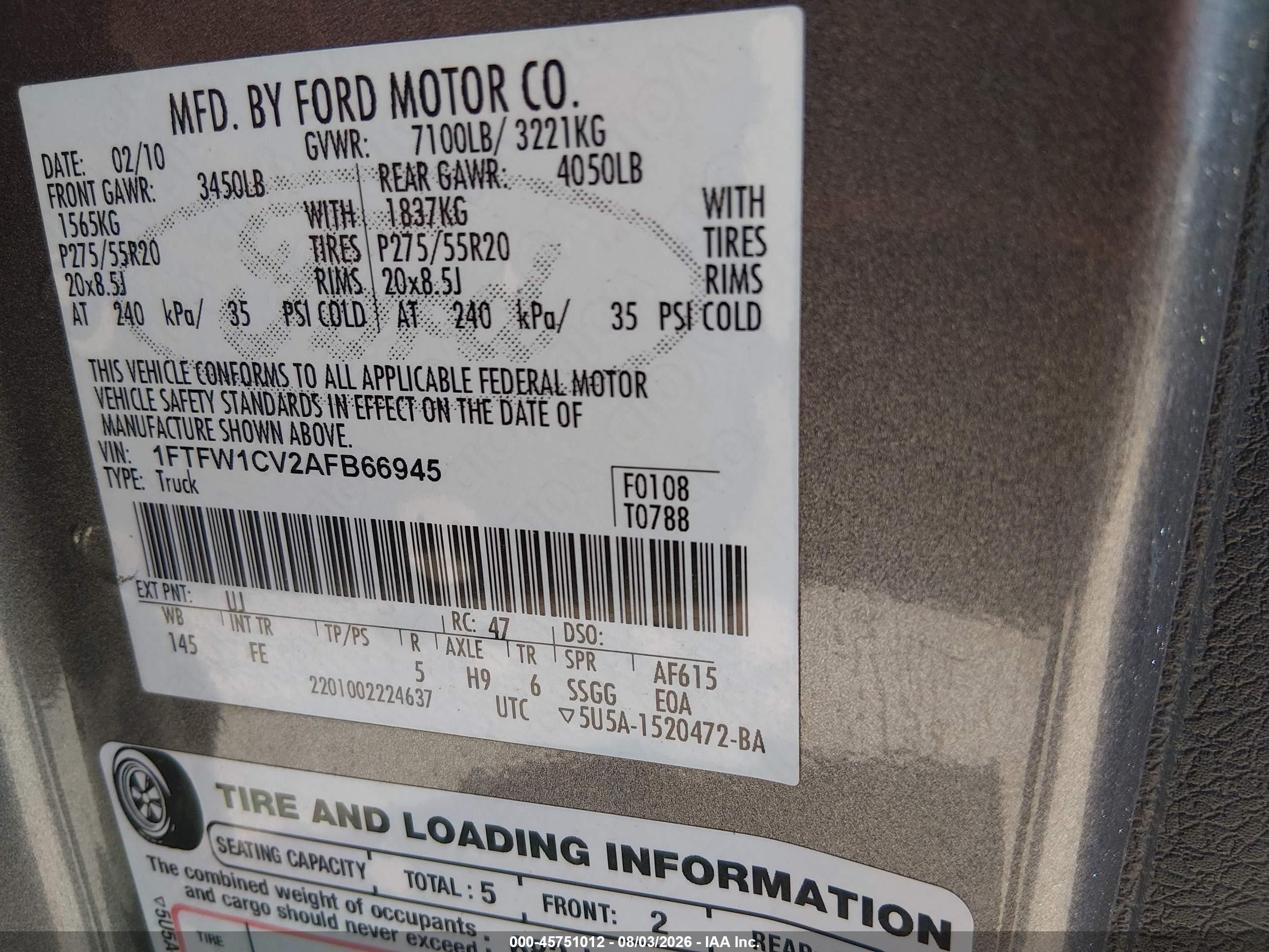 2010 Ford F-150 Fx2 Sport/harley-davidson/king Ranch/lariat/platinum/xl/xlt Gray vin: 1FTFW1CV2AFB66945