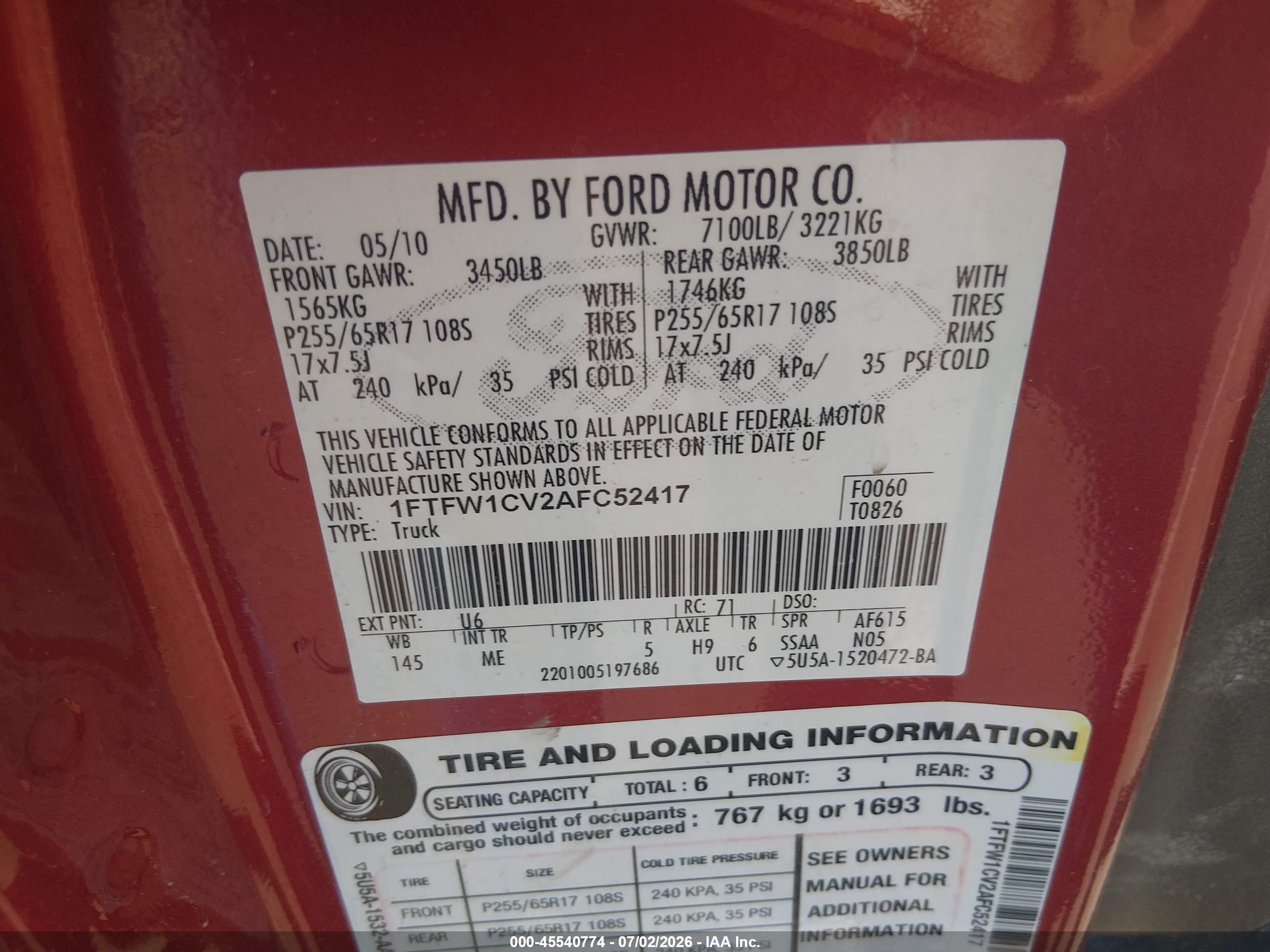 2010 Ford F-150 Fx2 Sport/harley-davidson/king Ranch/lariat/platinum/xl/xlt Red vin: 1FTFW1CV2AFC52417