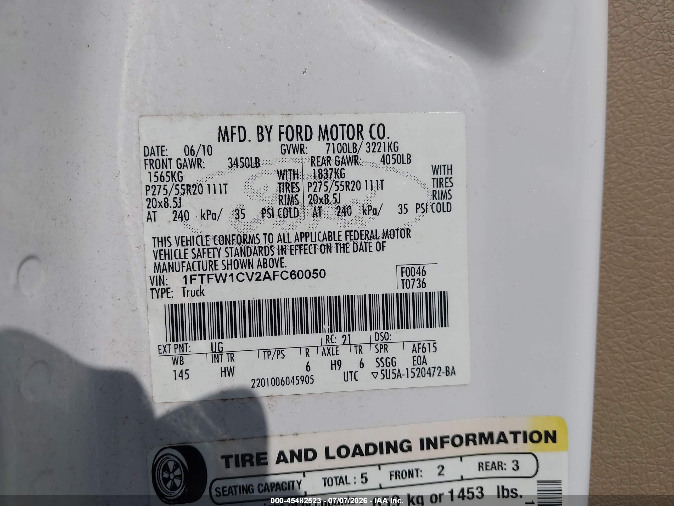 2010 Ford F-150 Platinum White vin: 1FTFW1CV2AFC60050