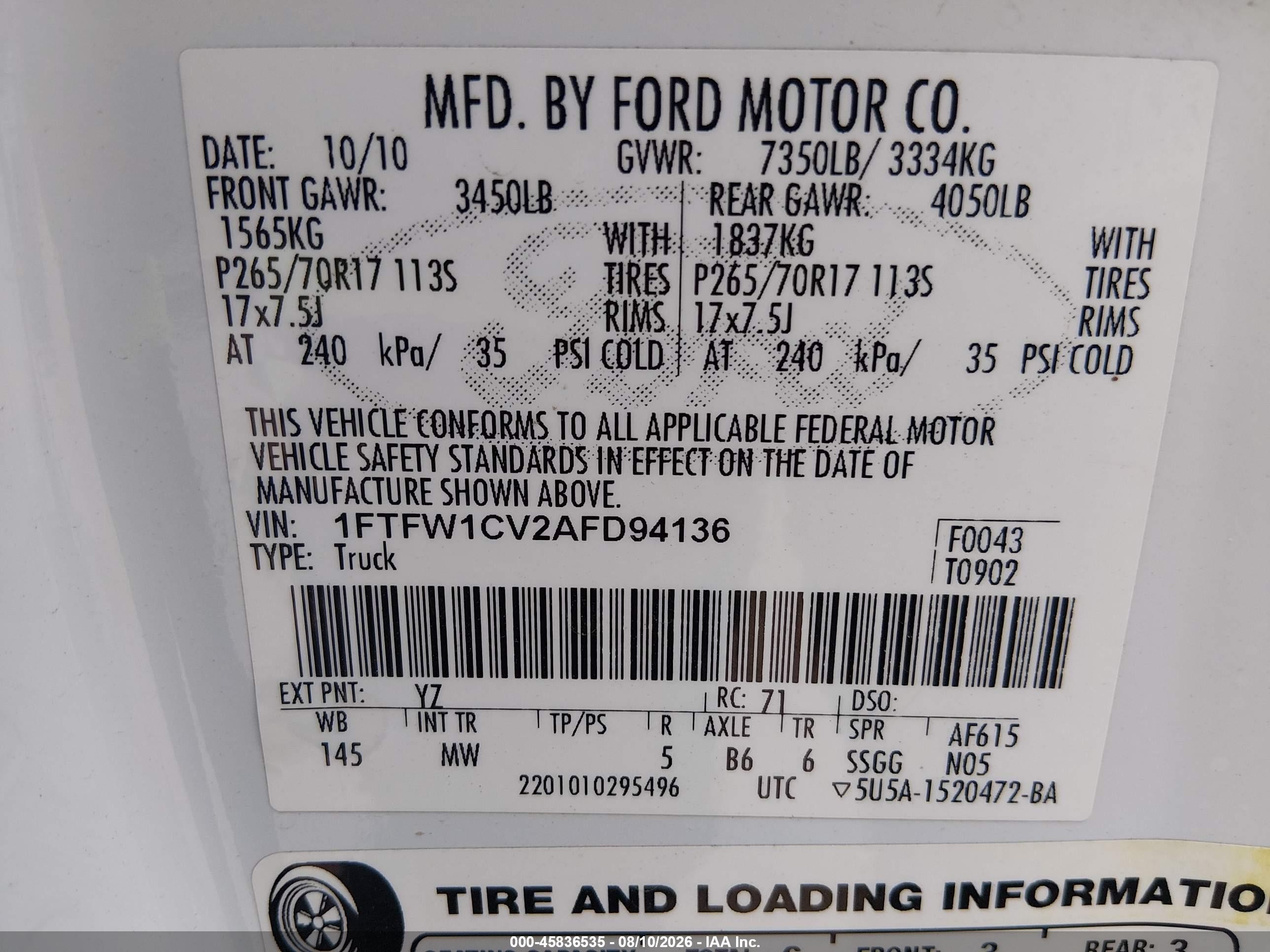 2010 Ford F-150 Fx2 Sport/harley-davidson/king Ranch/lariat/platinum/xl/xlt White vin: 1FTFW1CV2AFD94136