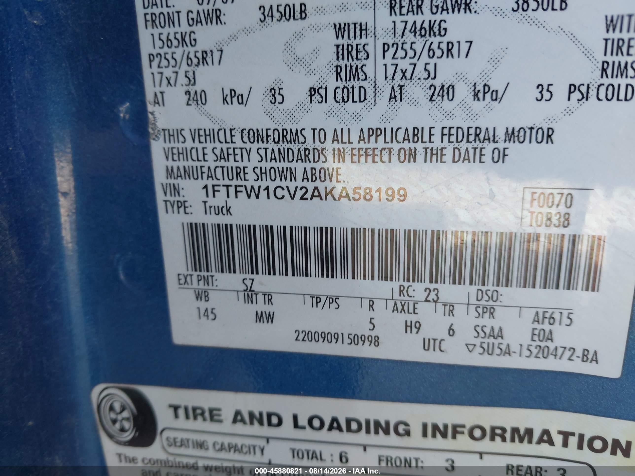 2010 Ford F-150 Fx2 Sport/harley-davidson/king Ranch/lariat/platinum/xl/xlt Blue vin: 1FTFW1CV2AKA58199