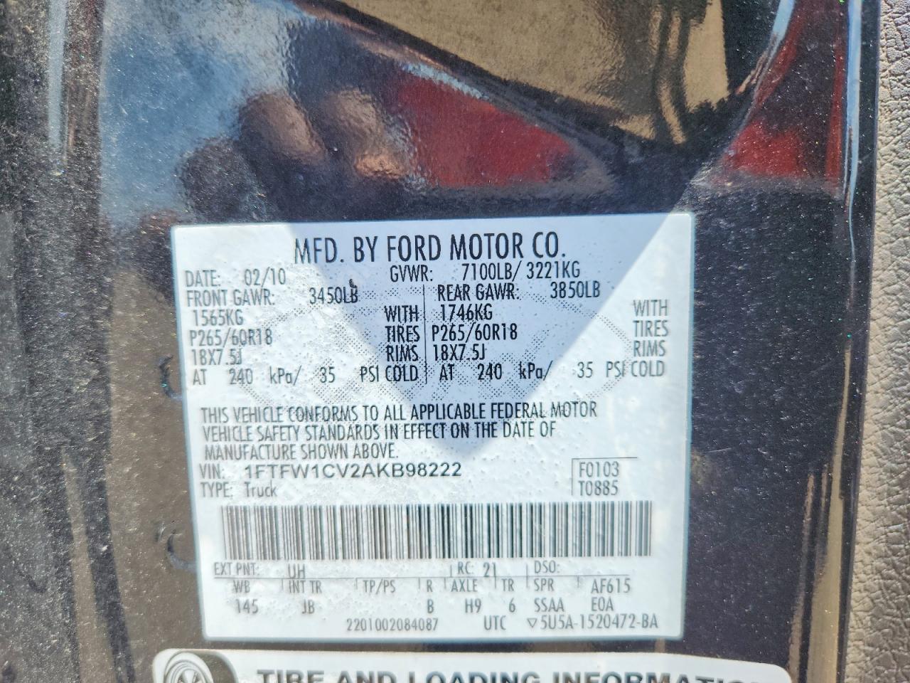 2010 Ford F150 Supercrew Black vin: 1FTFW1CV2AKB98222