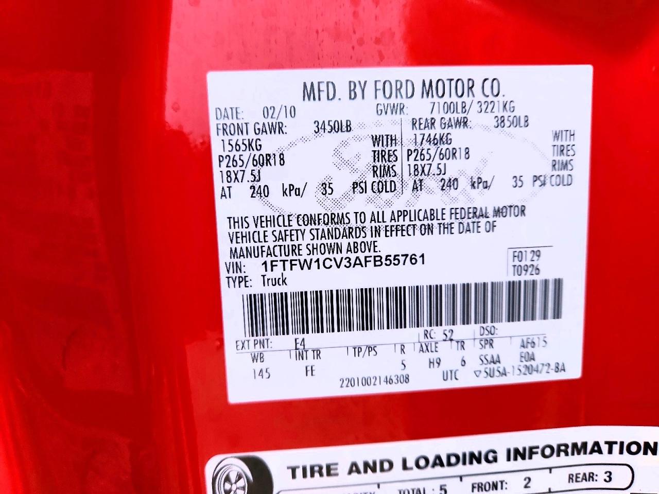 2010 Ford F150 Supercrew Red vin: 1FTFW1CV3AFB55761