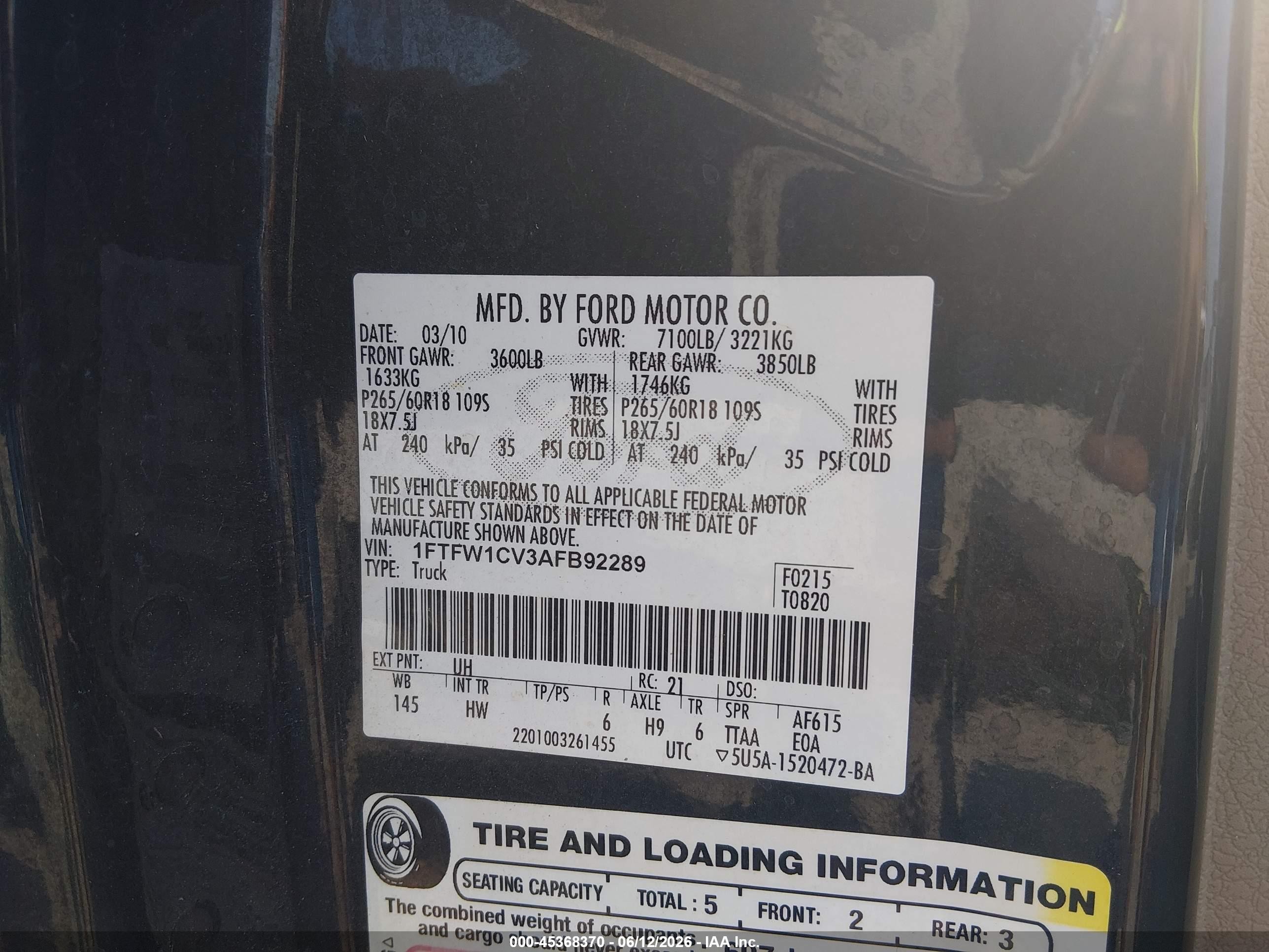 2010 Ford F-150 Lariat Black vin: 1FTFW1CV3AFB92289