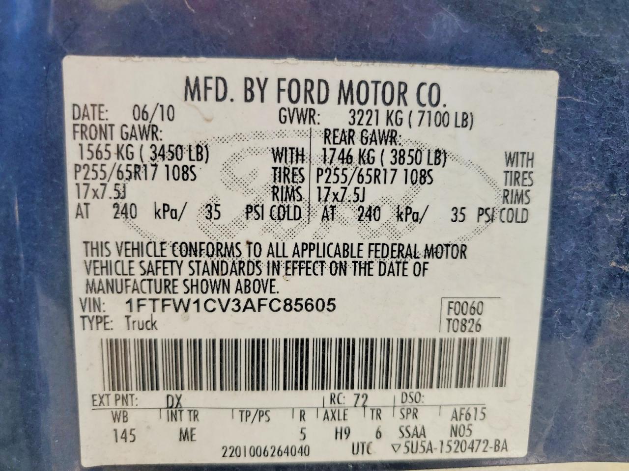 2010 Ford F150 Supercrew Blue vin: 1FTFW1CV3AFC85605