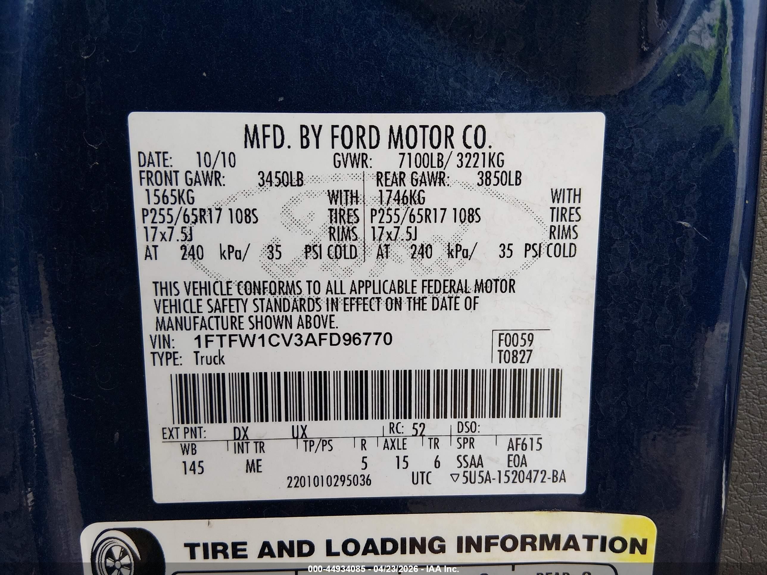 2010 Ford F-150 Fx2 Sport/harley-davidson/king Ranch/lariat/platinum/xl/xlt Blue vin: 1FTFW1CV3AFD96770
